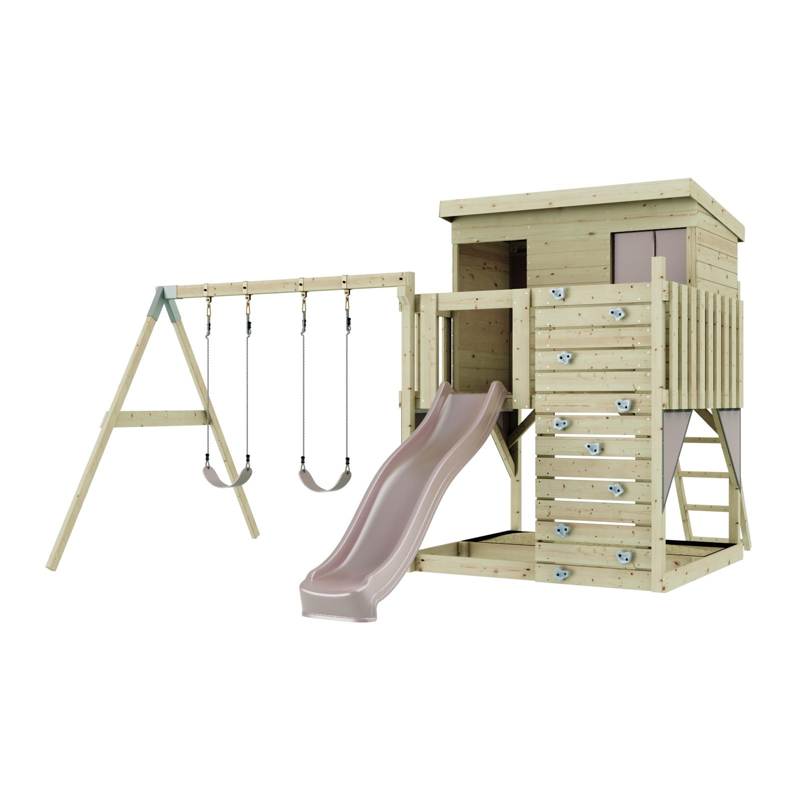OutdoorToys Spielturm Nils, aus Holz in Altrosa mit Kinderschaukel & Rutsche, Kletterwand