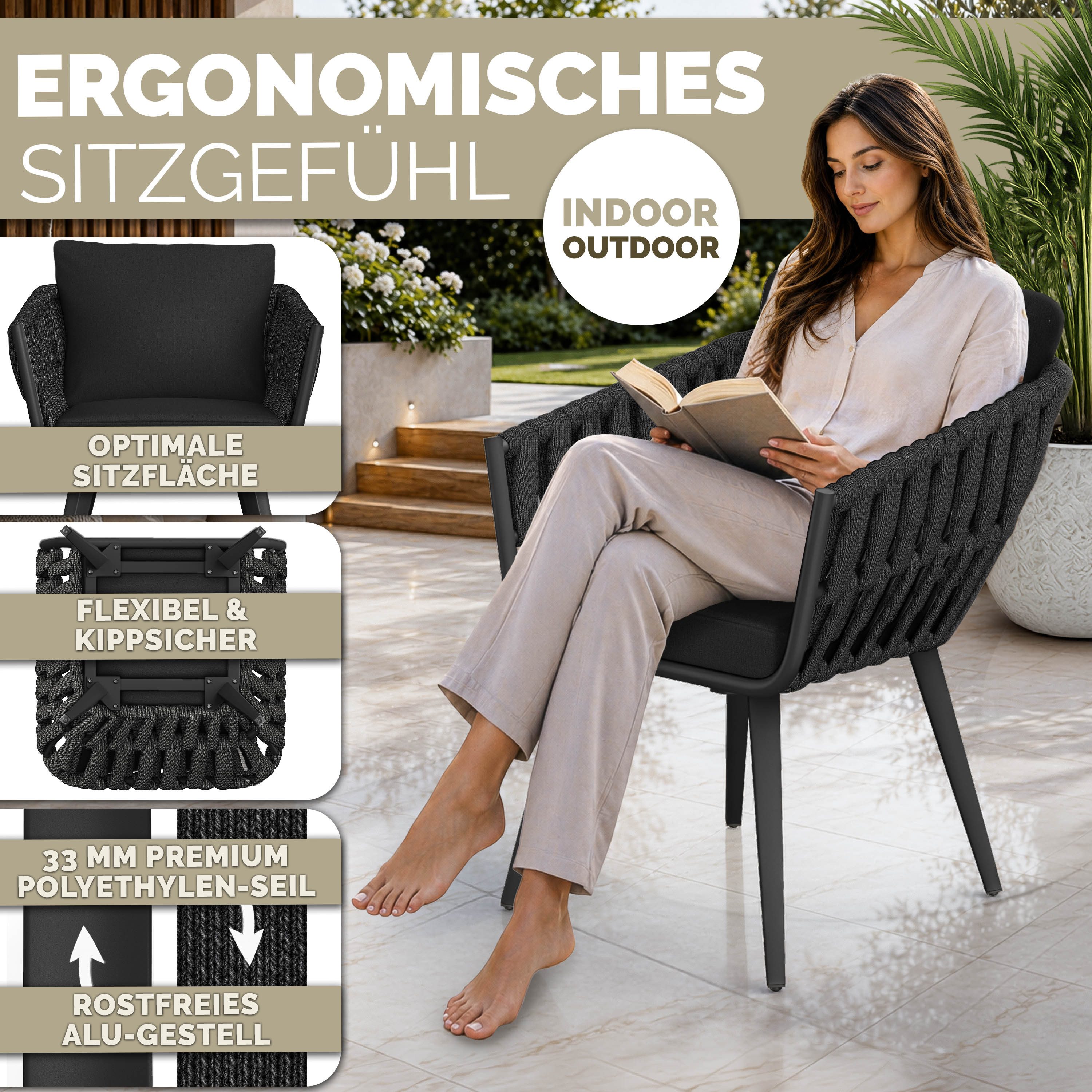 tillvex Gartentisch tillvex® Gartenstuhl Set Wetterfest mit Armlehne Rope Design (Gartenstühle UV-beständig Terrassenstuhl Rope Sessel Gartenmöbel, 1-St., Design Terrasse Balkon Outdoor Garten), belastbar