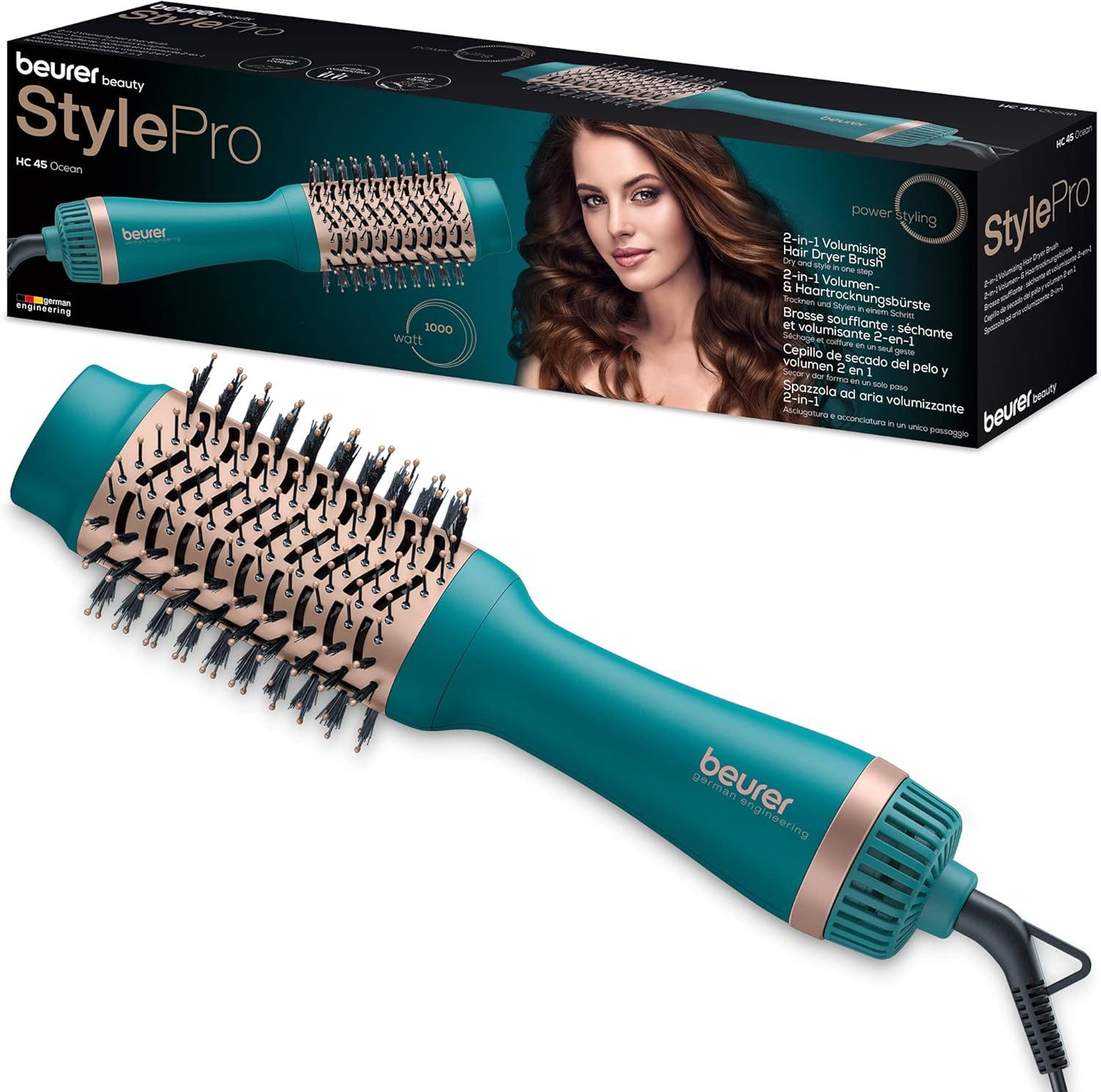 BEURER Warmluftbürste HC 45 Ocean, 2-in-1 Volumen-& Haartrocknungsbürste, Keramik-Keratin Beschichtung blau