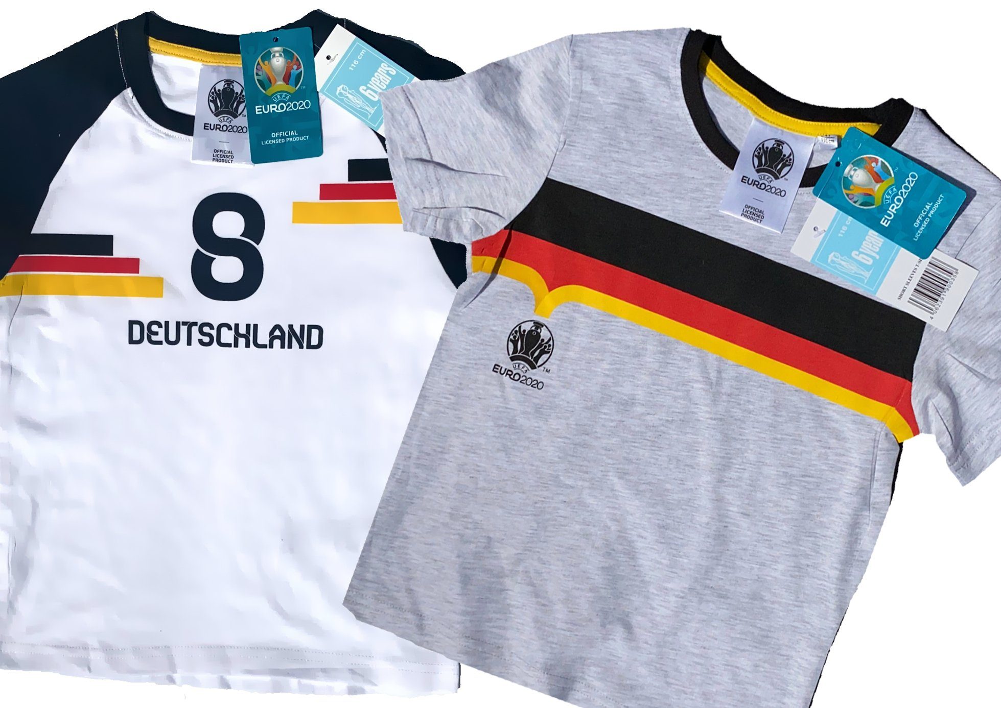 coole-fun-t-shirts T-Shirt 2x Deutschland Kinder T-Shirt EURO 2020 / 2021  Fußball Trikot Shirt DOPPELPACK grau und weiß Europameisterschaft Jungen +  Mädchen 6 8 10 12 Jahre Gr.116 128 140 152 (2er-Pack)