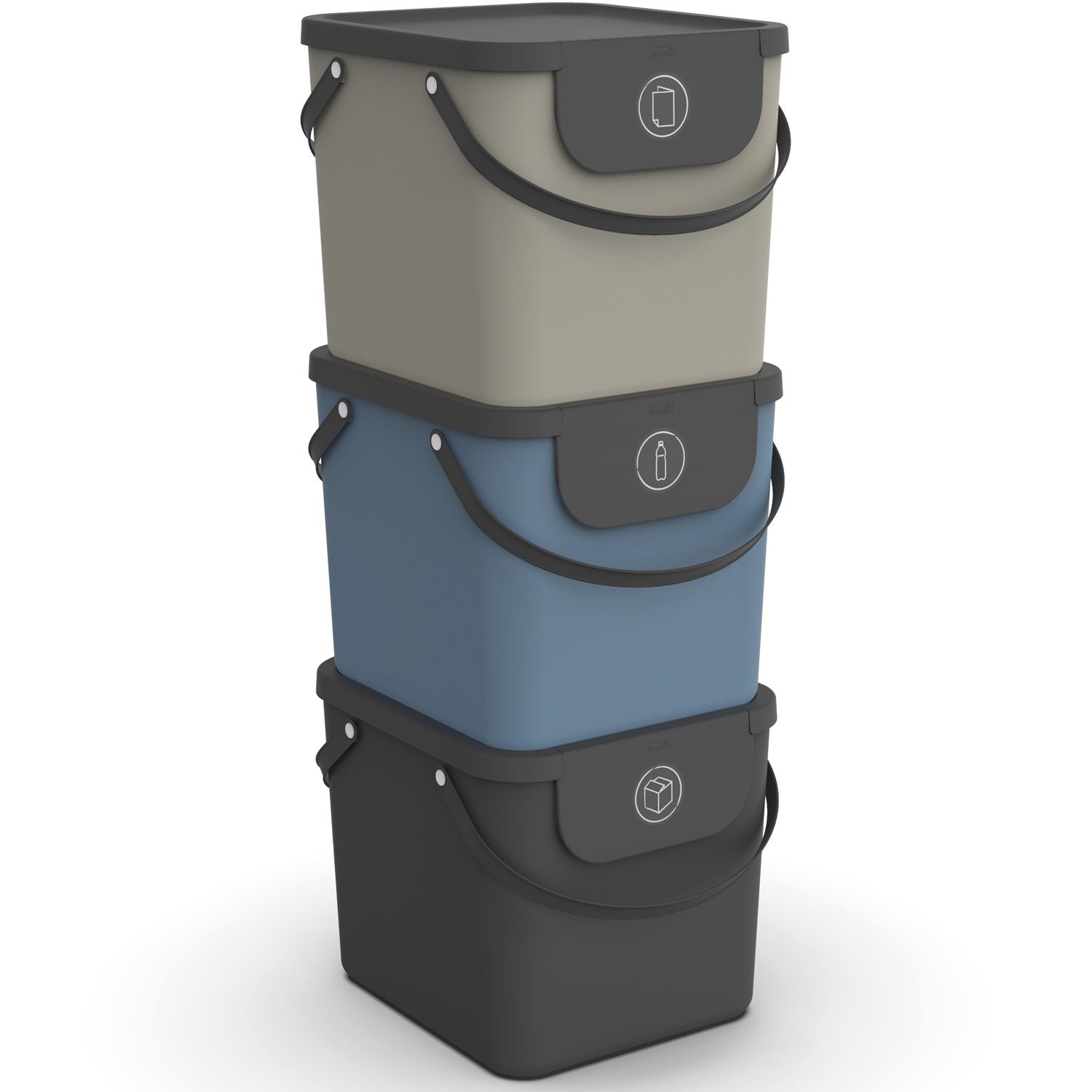 ROTHO Mülltrennsystem ALBULA 3er Set Müllbehälter 40l stapelbar mit Deckel, Platzsparend stapelbares Recycling System für flexible Mülltrennung