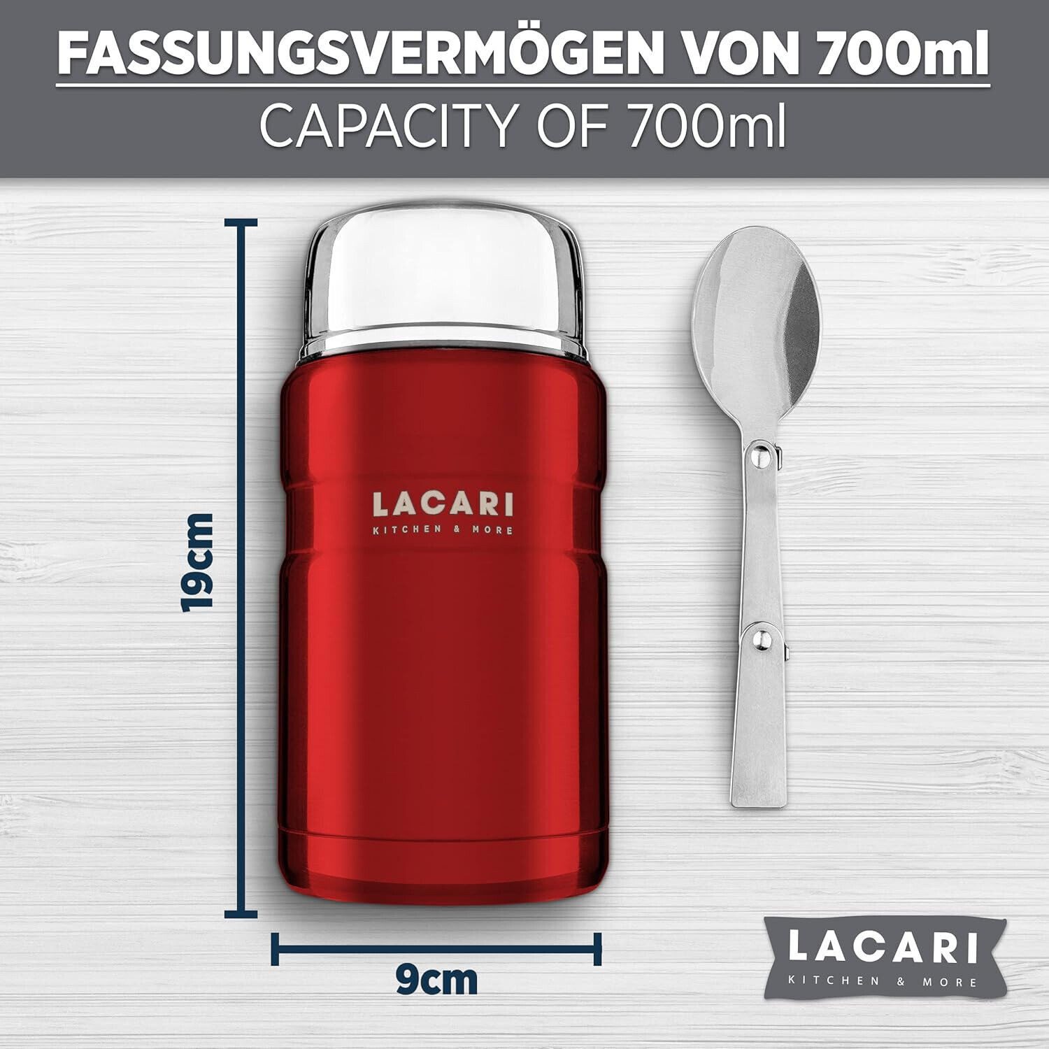 LACARI Thermobehälter Thermobehälter 700ml Thermobox Rot Lacari auslaufsicher Edelstahl, Edelstahl, (Packung), mit zusätzlicher Isoliertasche, klappbarer Löffel – Bild 4 von 5