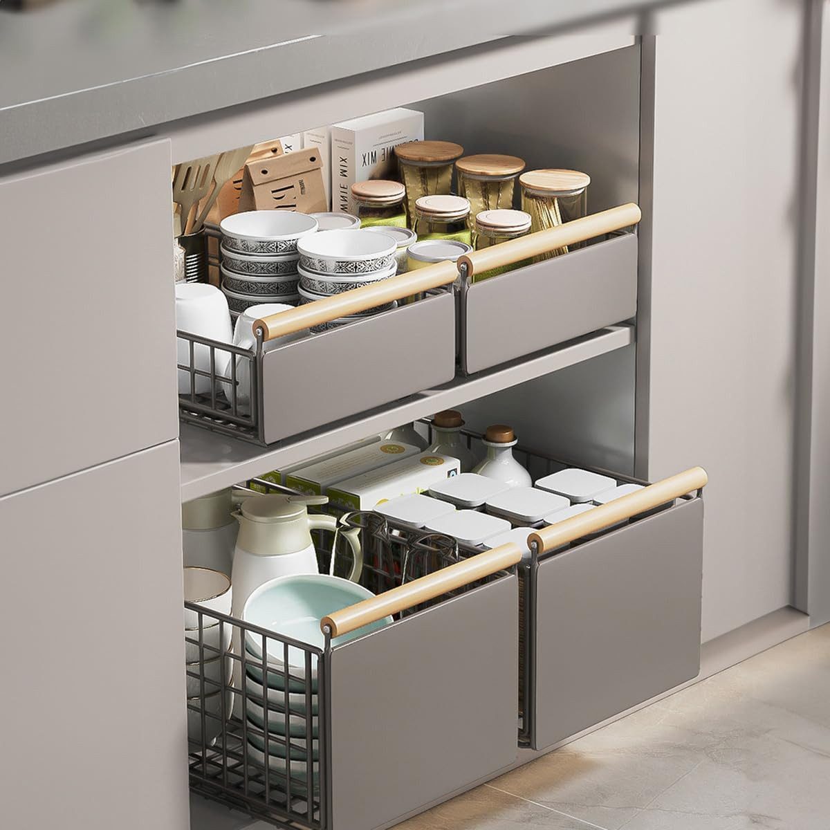 BlingBin Küchenregal Teleskopschublade Schublade Faltbare Erweiterbar Küchenschublade, 4 Stück 4-tlg., 2 Stück Teleskopschublade, Faltbarer Schrank-Organizer – Bild 3 von 5