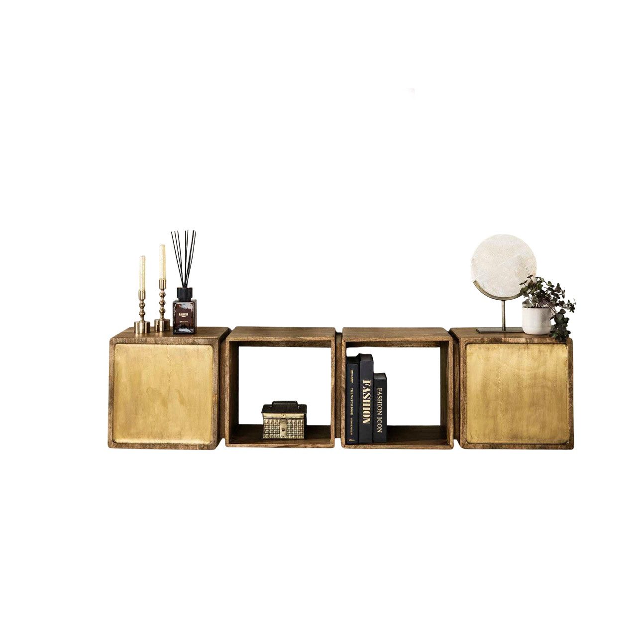 Vintagehaus Stauraumschrank Hängendes Sideboard Brass für die Wand Mangoholz Messingbeschläge