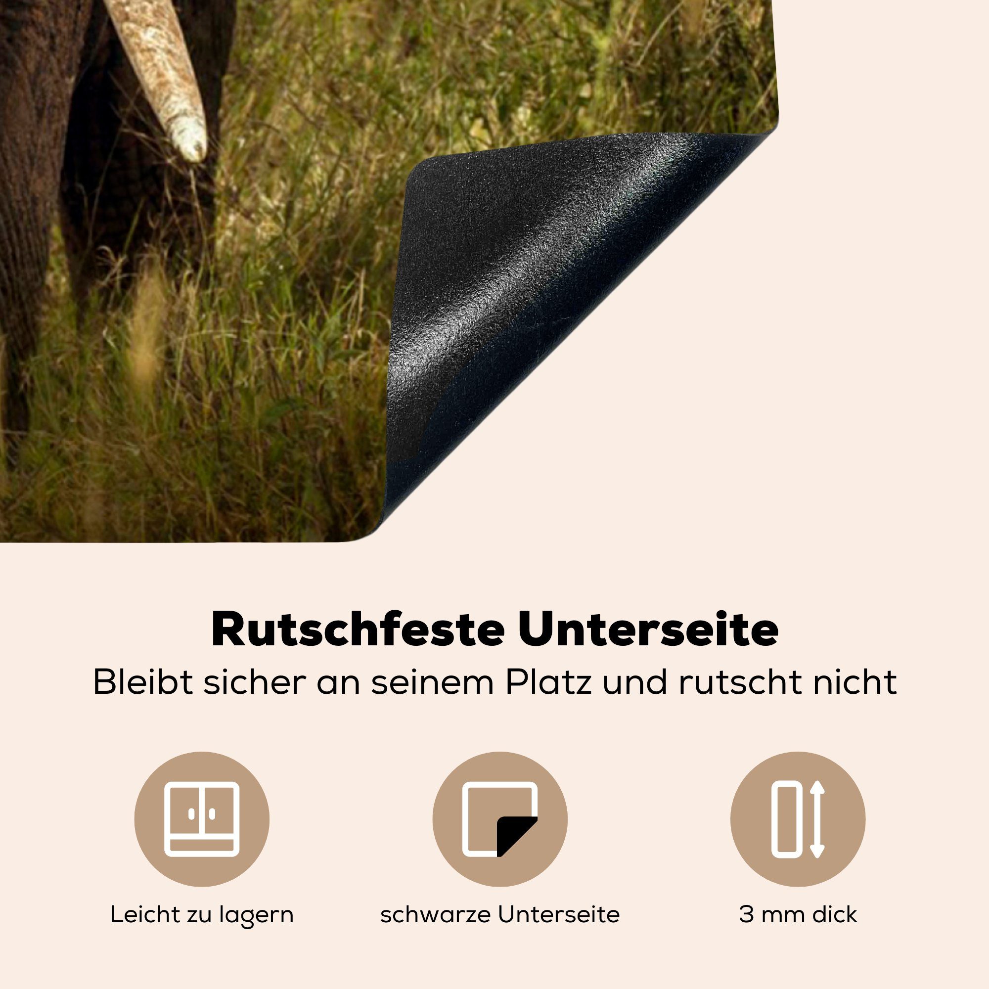 (1 Vinyl, Arbeitsplatte - - Elefant Gras für tlg), 78x78 küche cm, Feld, MuchoWow Herdblende-/Abdeckplatte Ceranfeldabdeckung,