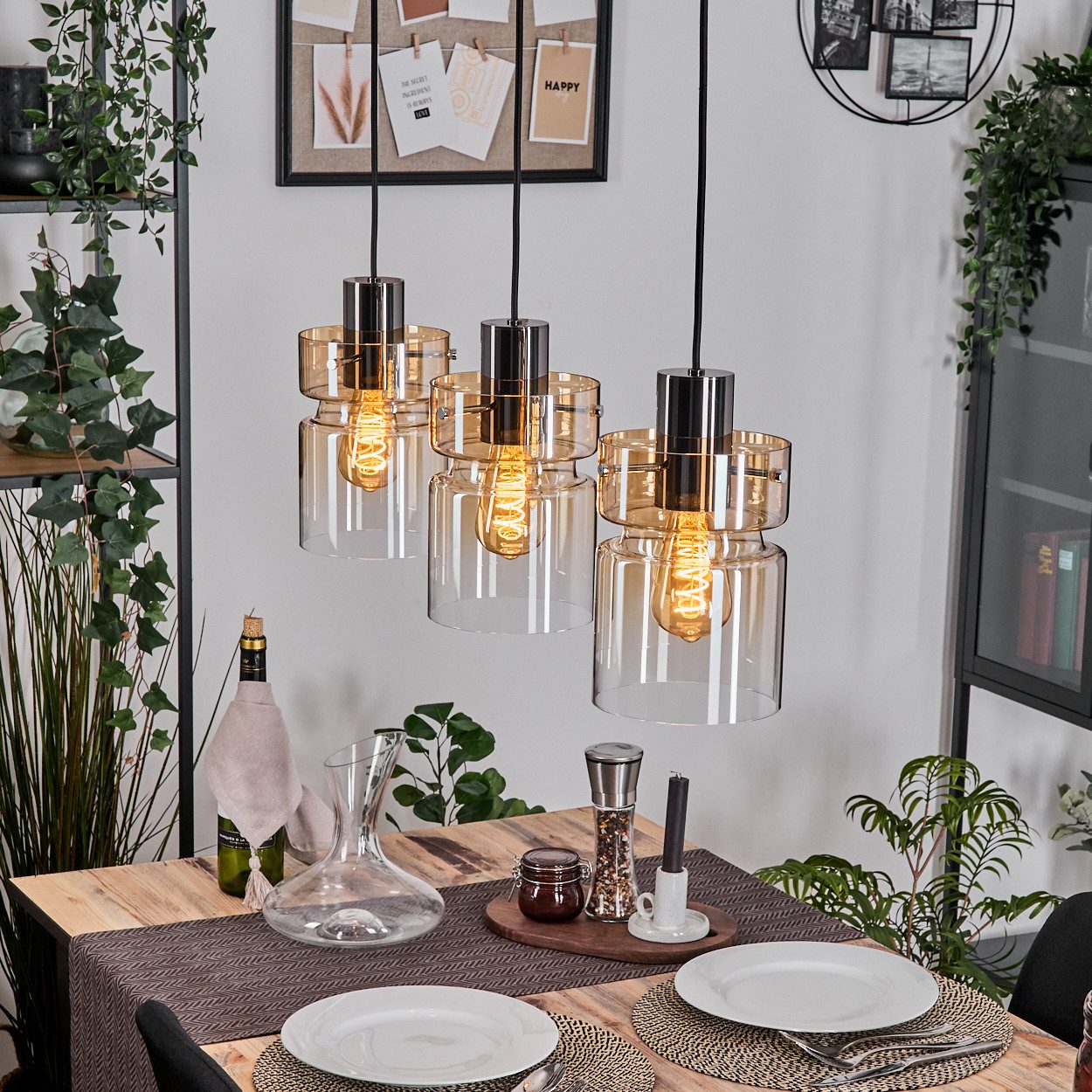 hofstein Hängeleuchte Hängelampe aus Metall/Glas in Schwarz/Chrom-/Bernstei günstig online kaufen