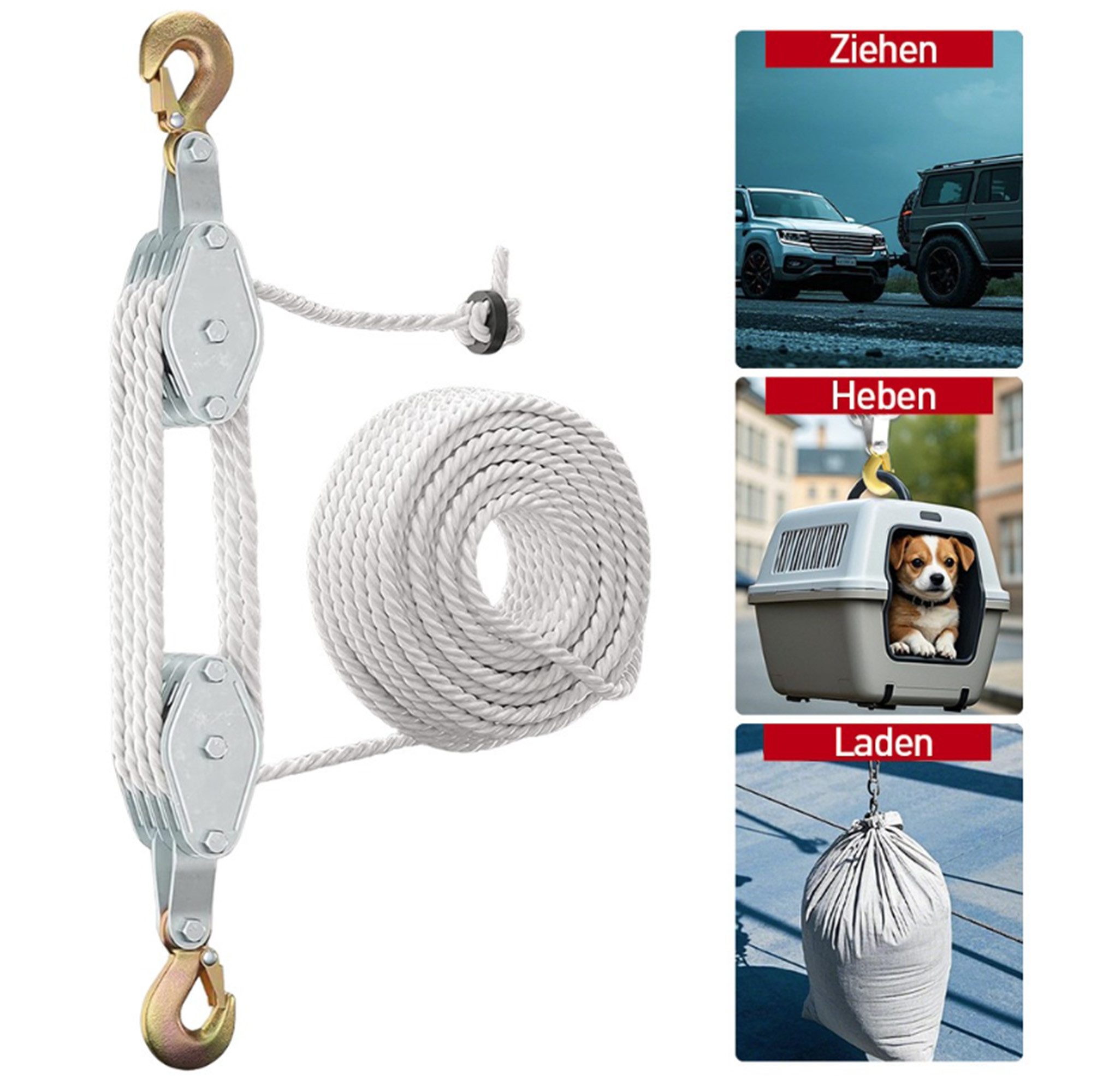 ibettertec Seilzug Seilzug, Hubseile, Manueller Flaschenzug, Hochleistungs-Seilzug, (Spar-Set, 1 St., 20 Meter Hochleistungs-Nylonseil, 4-Rollen-System), kraftsparend 8:1 Übersetzung, rostfest, wetterfest, manuell bedienbar