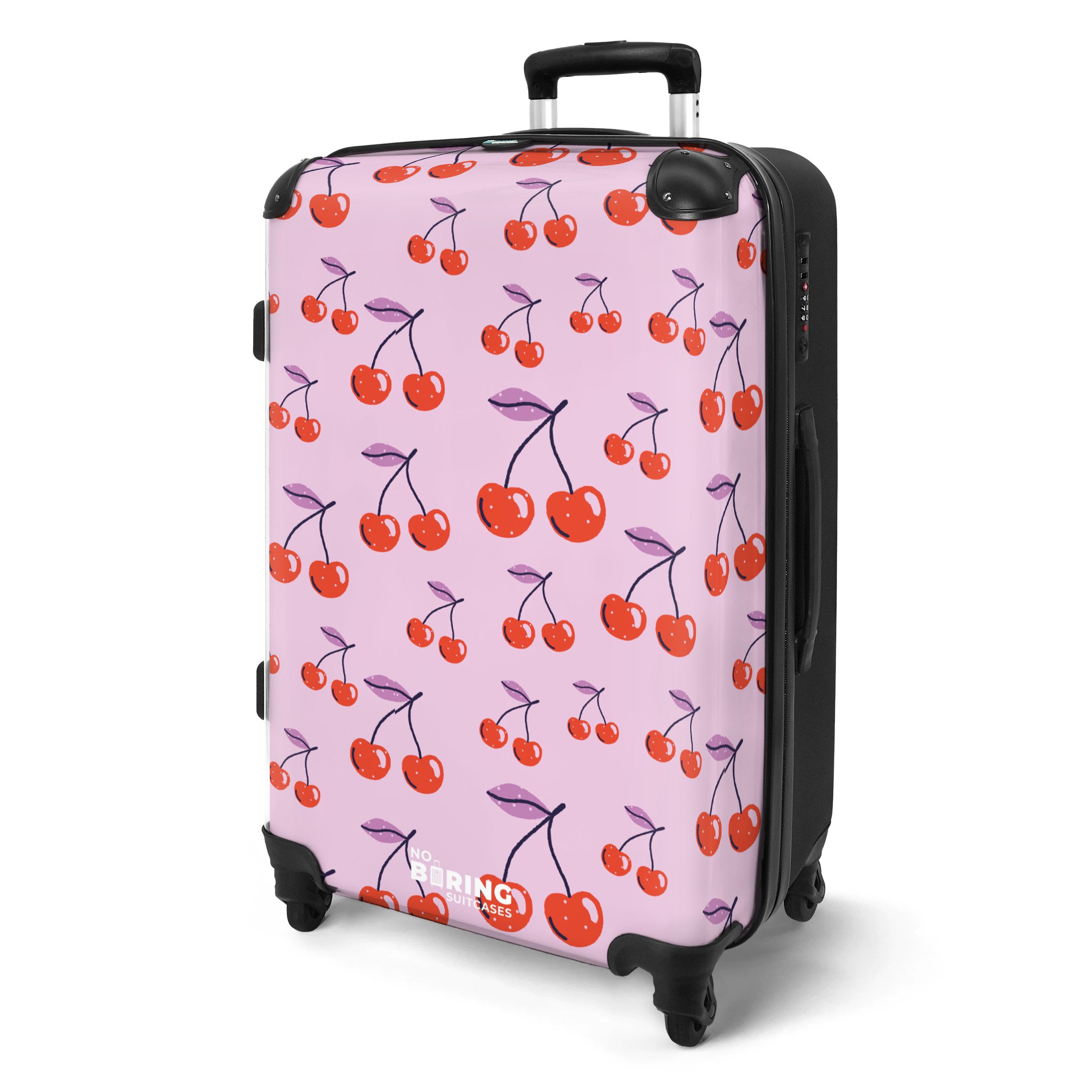 NoBoringSuitcases.com© Hartschalen-Trolley Lila mit roten Kirschen günstig online kaufen