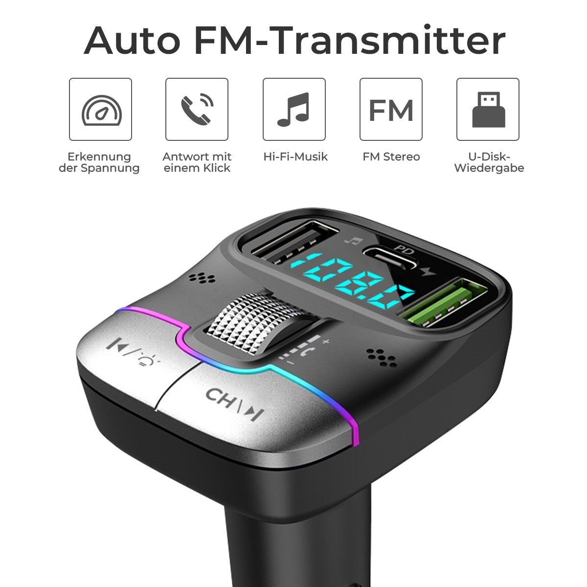 QC3.0, FM Player Freisprechfunktion KFZ-Transmitter mit USB VSIUO Bluetooth Auto Anschlüsse, 5.3 Adapter zu 3 Transmitter, 3-in-1 MP3