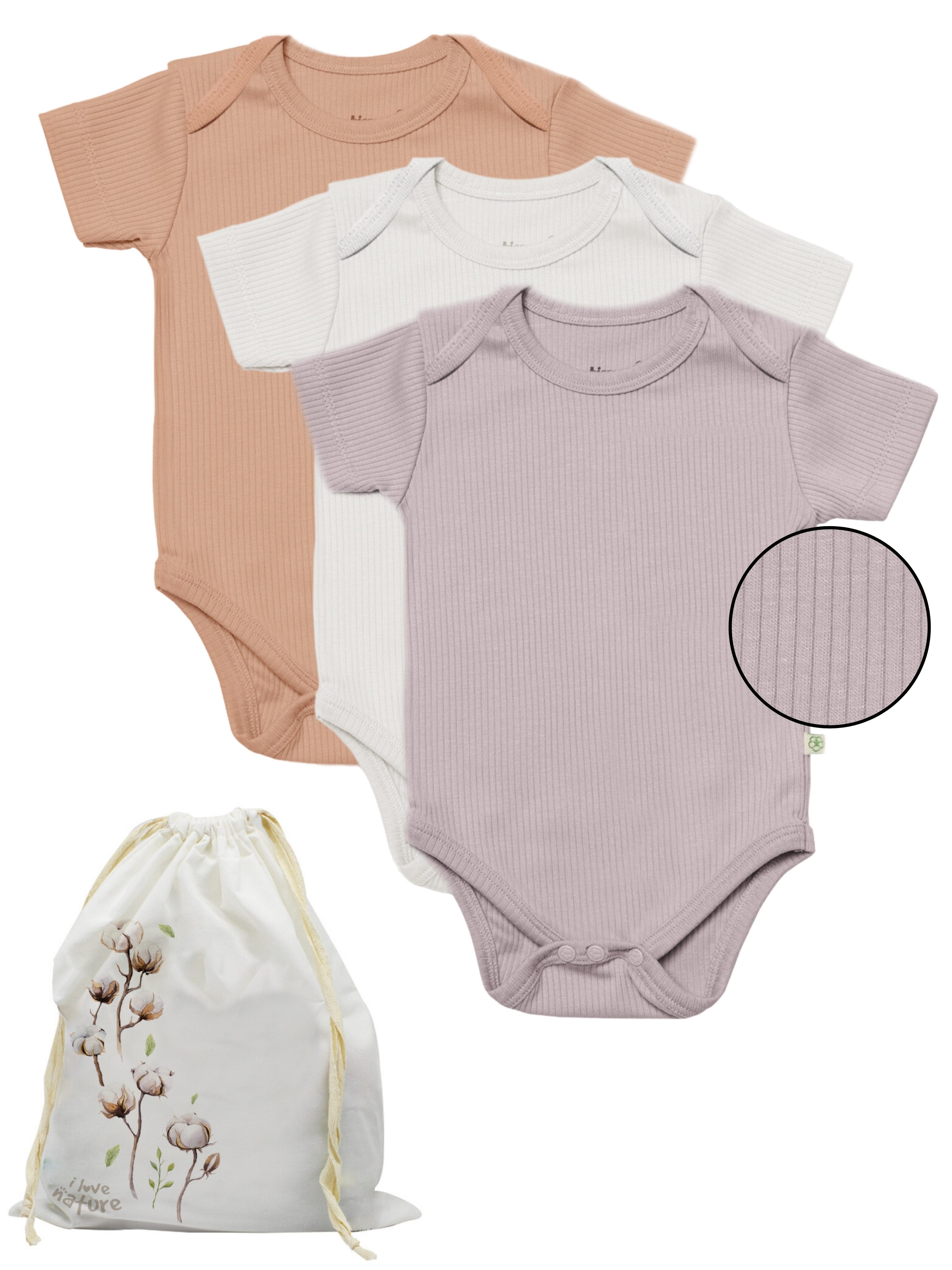 biorganic Kurzarmbody Ripp (3er Pack), Mehrfarbig, Unisex, Baby Body für Jungen und Mädchen (Set, 4-tlg., 3er-Pack Bodys & 1 Beutel) gerippte Textilstruktur (Ripp), Modal und Bio-Baumwolle, Größe 56 - 86