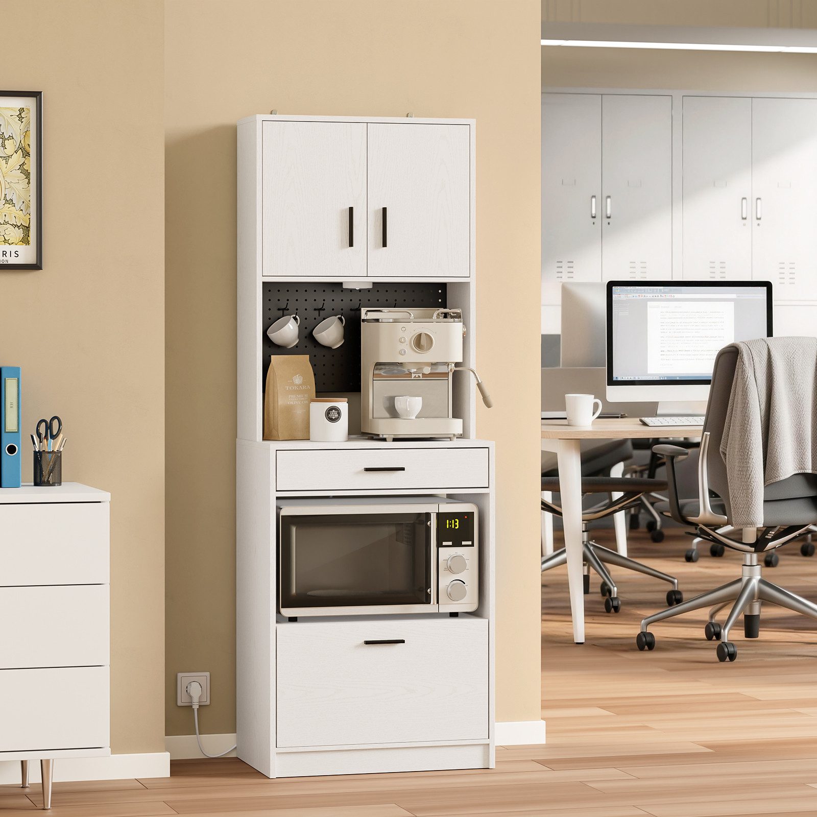 SoBuy Sideboard FSB98-E, Küchenschrank mit Steckdose, Buffetschrank mit Sensorleuchte, Mikrowellenschrank mit 2 USB-Anschlüssen für Küche und Kaffeebar