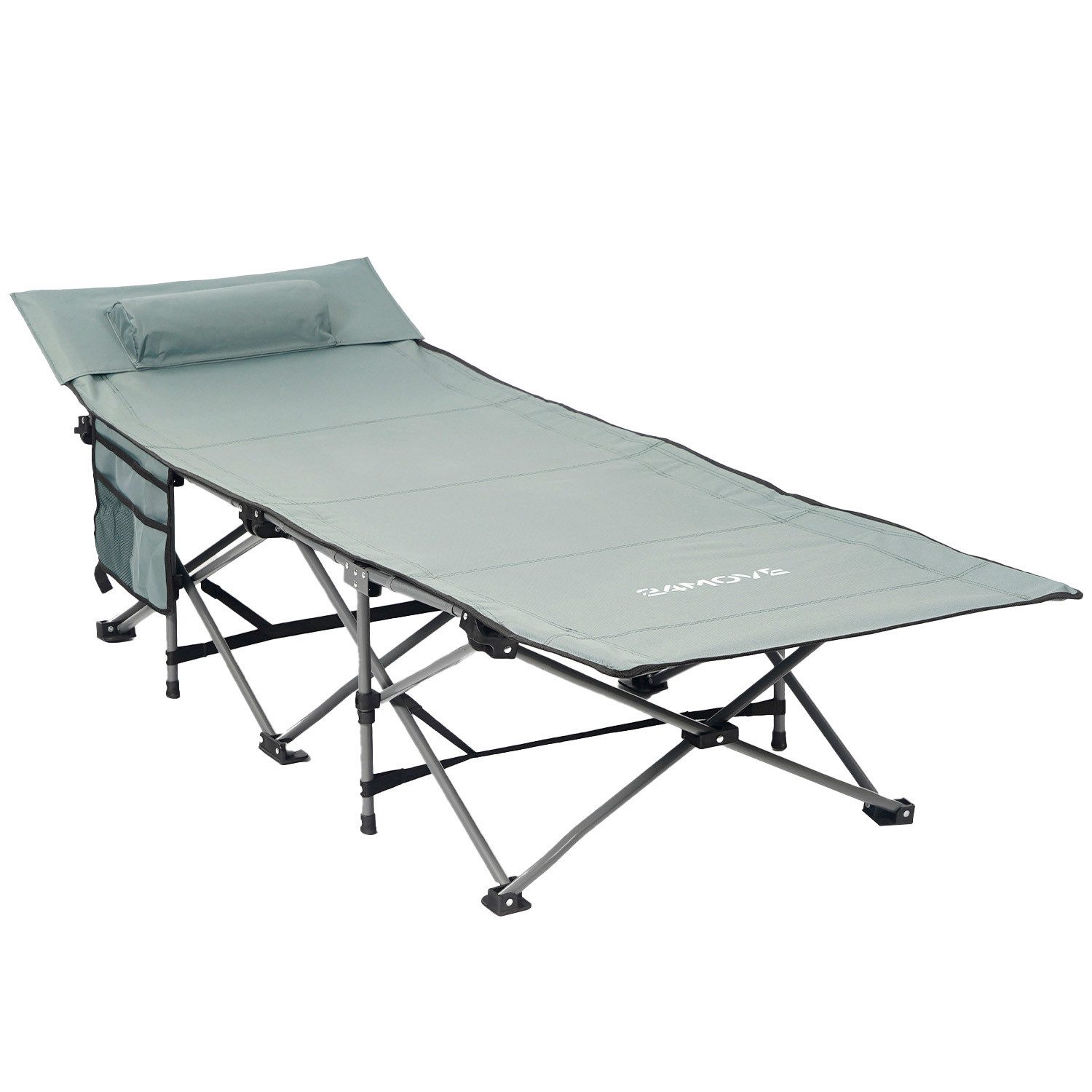 24Move Feldbett Feldbett, Gartenliege, Campingbett bis 150 kg, klappbar, zelten (grau, wasserabweisend, inkl. Seitentasche, 190 cm x 67 cm x 34 cm, inkl. Tragetasche für einfachen Transport)