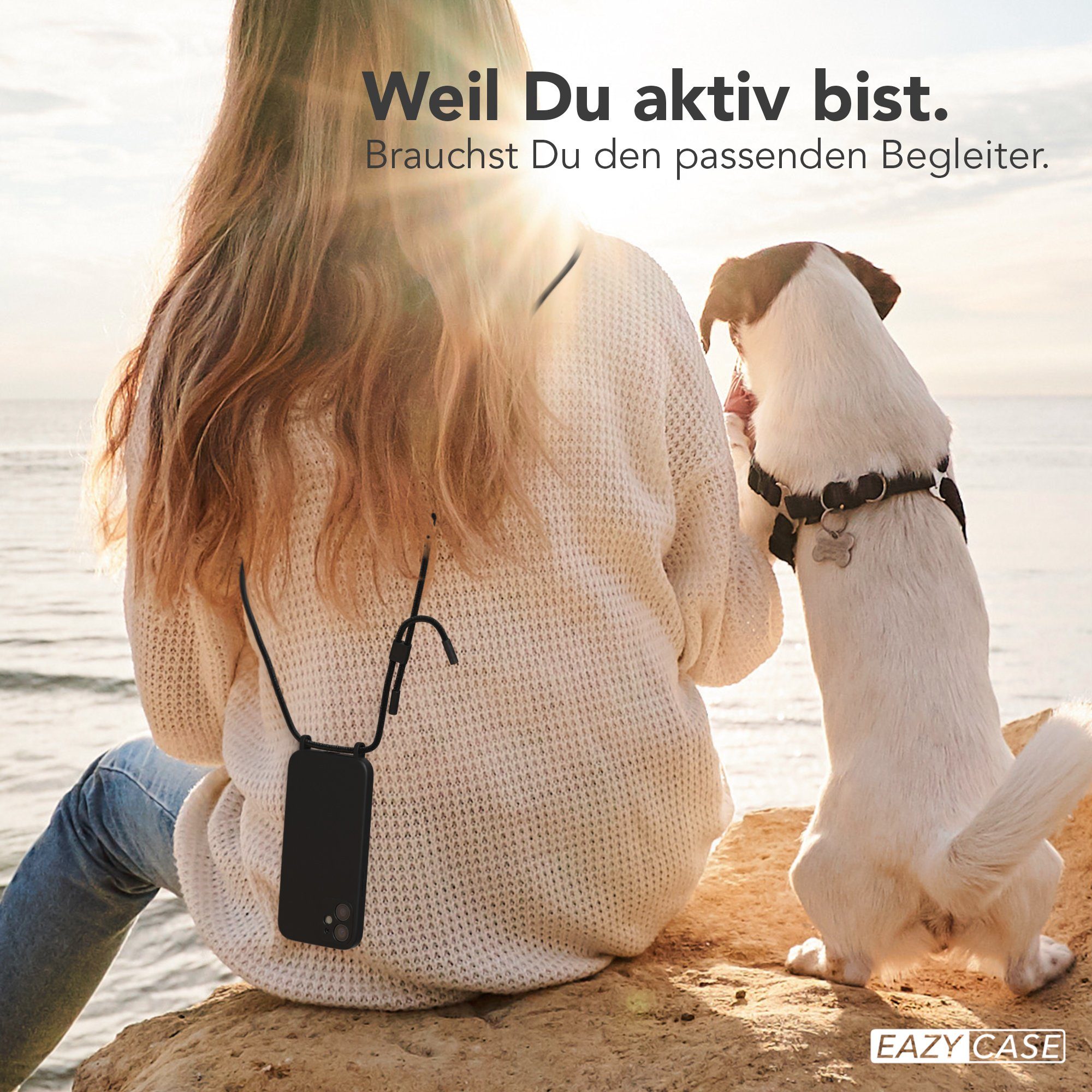EAZY CASE Handykette Runde Kette für Apple iPhone 12 Mini 5,4 Zoll, Smartphonekette Cross Bag Silikonhülle Umhängetasche Necklace Schwarz