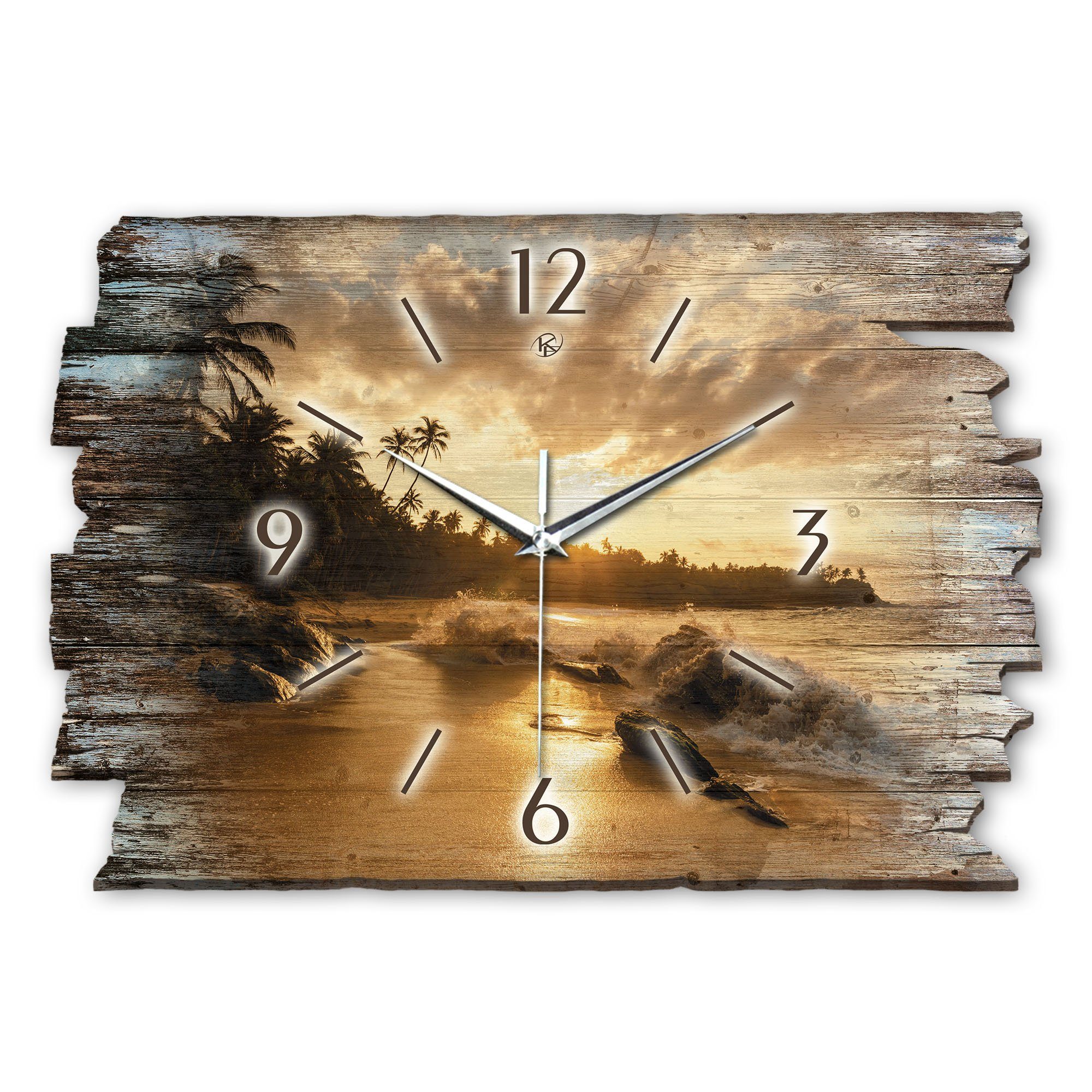 Kreative Feder Wanduhr Design-Wanduhr „Beach“ aus Holz im Shabby Style Design (ohne Ticken; flüsterleises Uhrwerk; außergewöhnlich, modern)