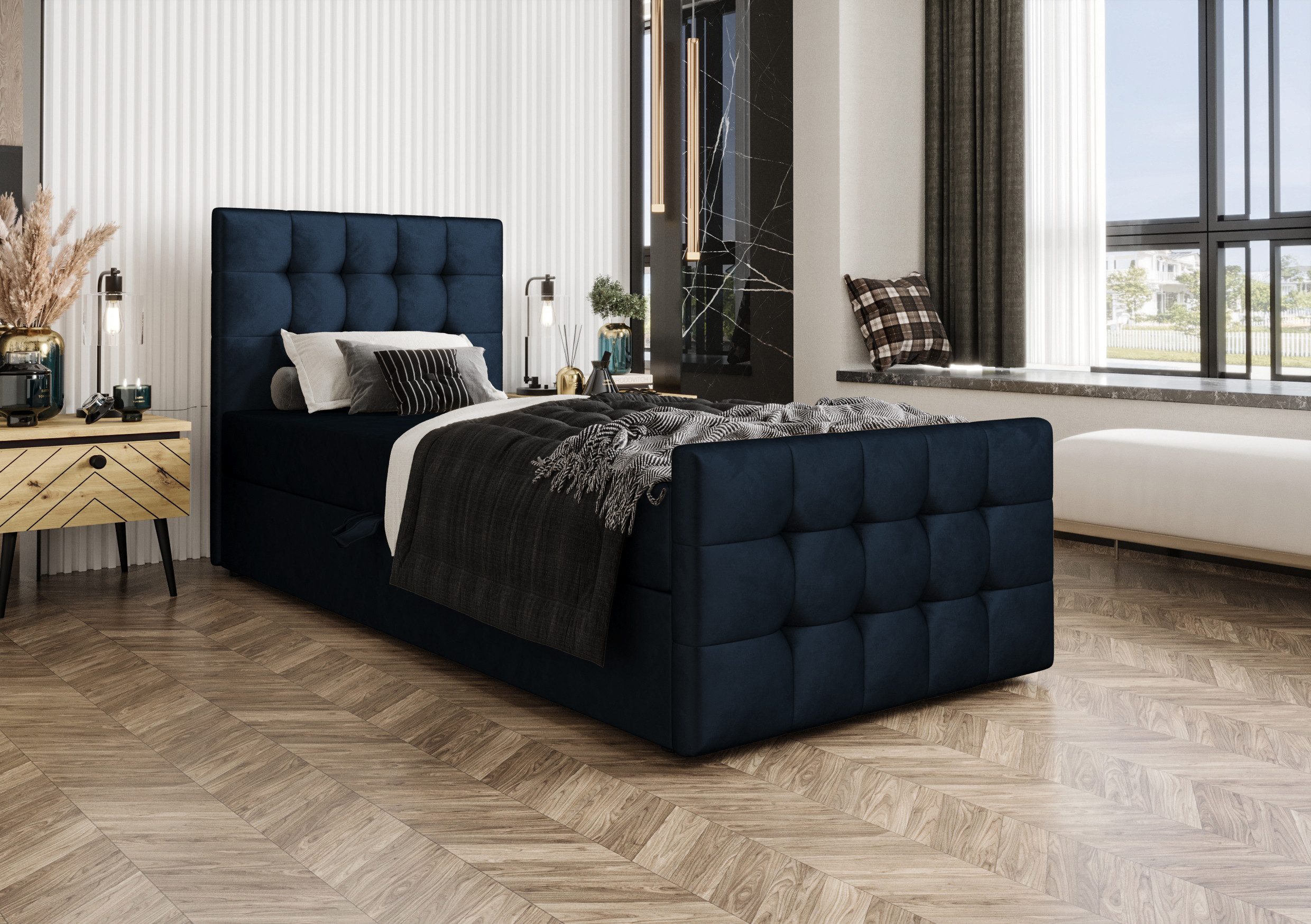 B&B Home Boxspringbett Boxbett Coria V 80 90 100 cm (H3 Matratze Bonellfederung, Kopfteil, Fussteil und Bettkasten)