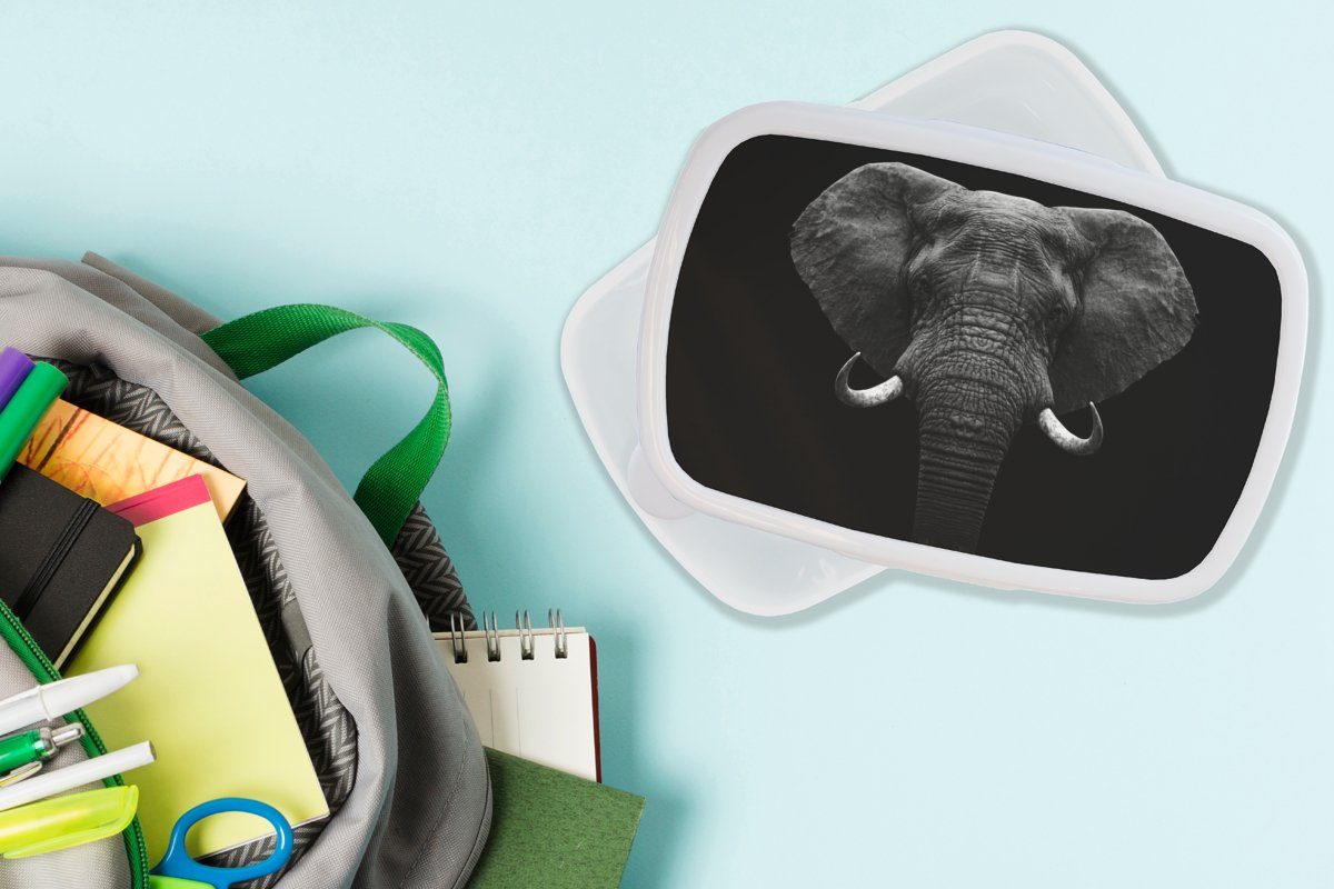MuchoWow Lunchbox Elefant Porträt - - für Tiere Schwarz Mädchen Brotdose, - - und für Jungs und Kunststoff, Erwachsene, Brotbox Weiß, Kinder (2-tlg)