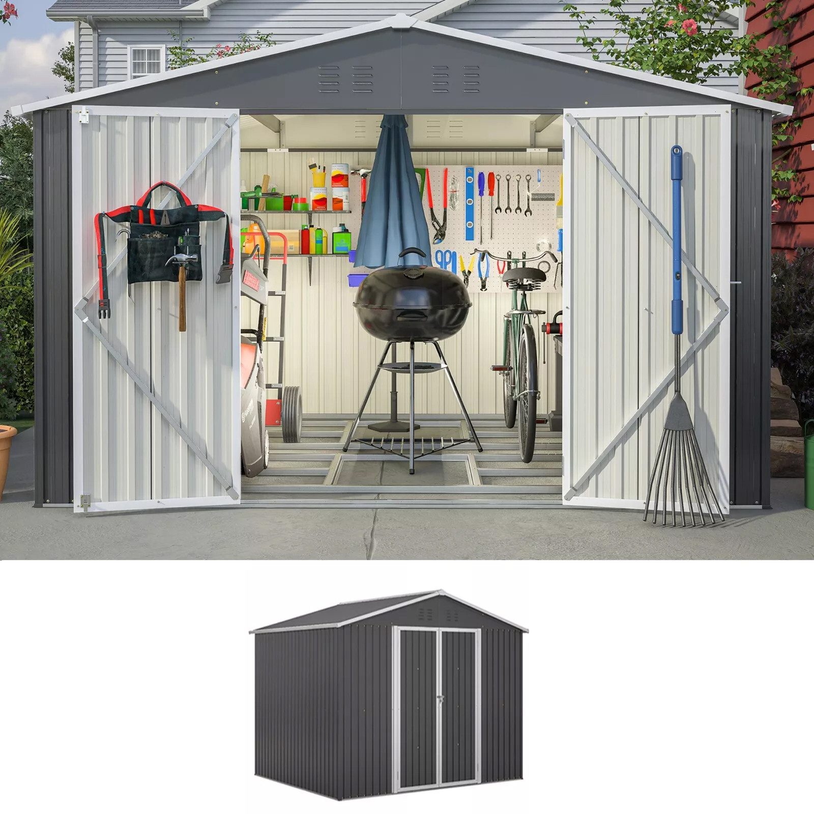 Bolwins Gartenhaus XXXL Geräteschuppen Fundament Garten Schuppen Gartenhaus Gerätehaus, BxT: 300x252 cm, robustes, verzinktes und lackiertes Stahlblech, inkl. Metallfundament