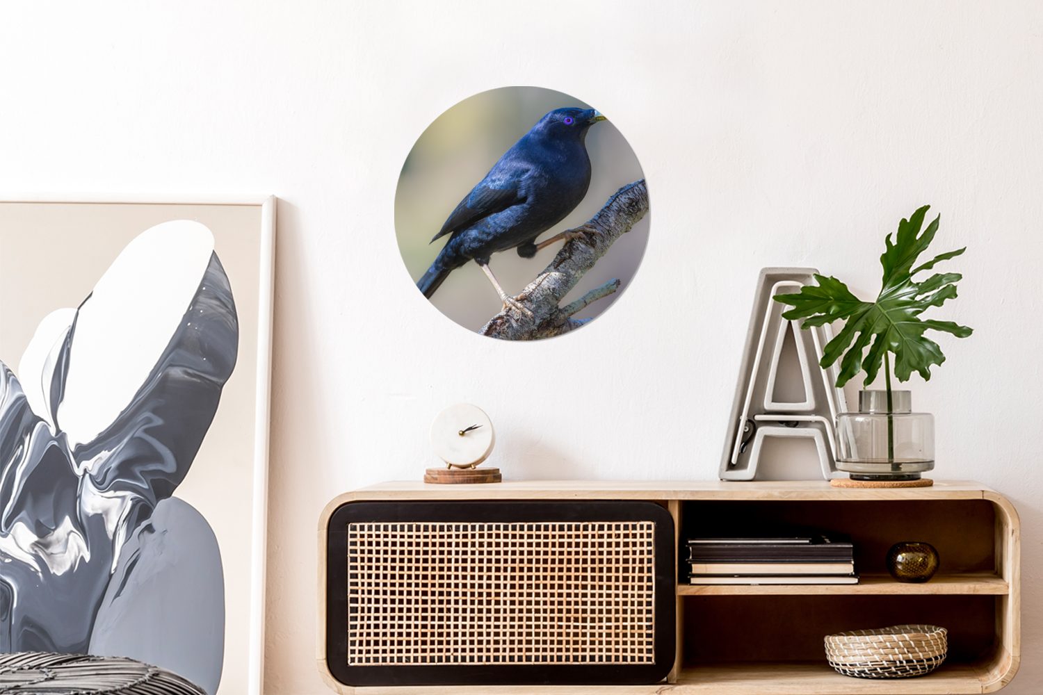 St), Forex, cm Blauer MuchoWow 30x30 (1 Laubenvogel auf Gemälde Kreis Wohnzimmer, Zweig, Wanddekoration Wandbild, Rundes einem
