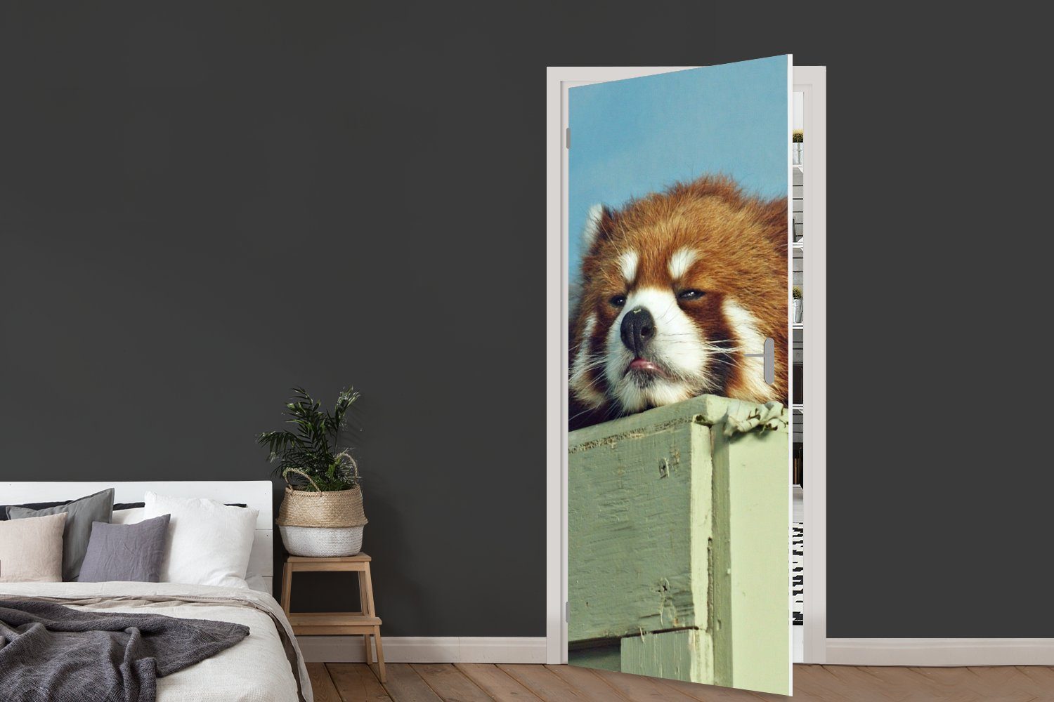 Fototapete - für Türaufkleber, - Panda Türtapete 75x205 (1 Holz Rot, Tür, bedruckt, St), Matt, cm MuchoWow