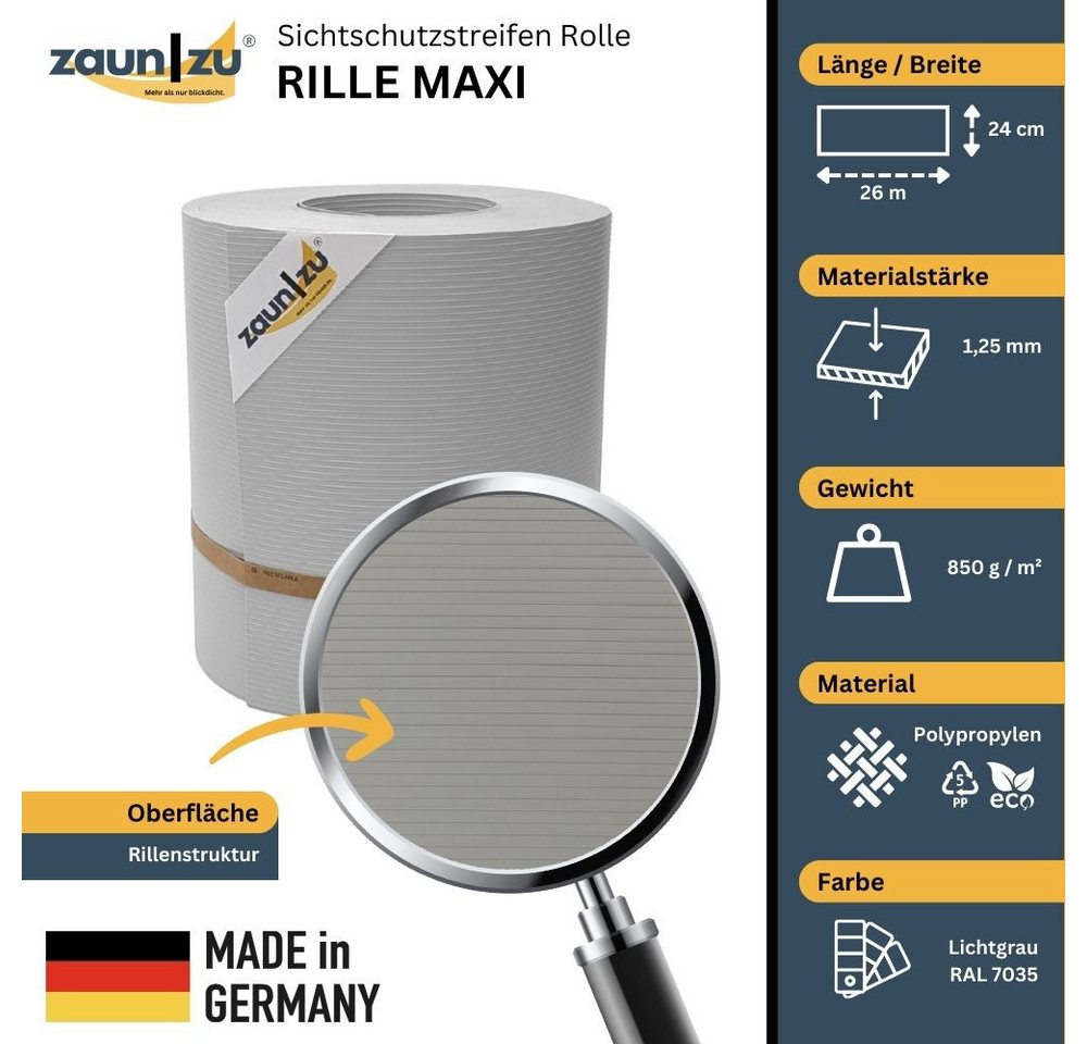 Thumbnail - zaunzu Sichtschutzstreifen Rille Maxi Rolle für Doppelstabmatten 24cm hoch Lichtgrau 26m, (1 Rolle, 24cm hoch, UV-bestän...