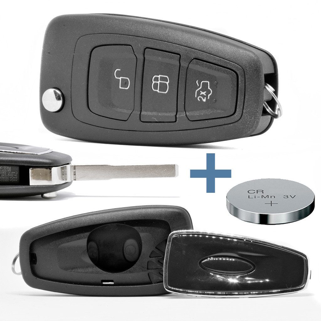 mt-key Klapp Schlüssel Reparatur Gehäuse + HU101 Rohling + passende CR2032 Knopfzelle, CR2032 (3 V), für Ford Funk Fernbedienung