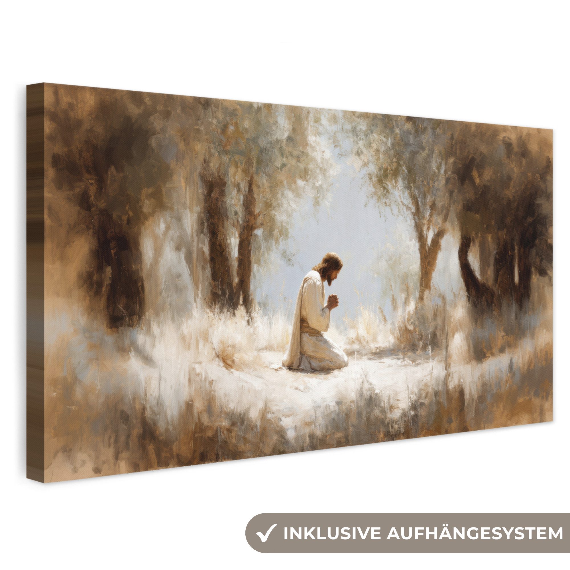 OneMillionCanvasses® Leinwandbild Panorama Jesus - Kniend - Waldlandschaft - Betend, Fotodruck (1 St), Wandbild, Deko Schlafzimmer Wohnzimmer Flur 40x20 cm