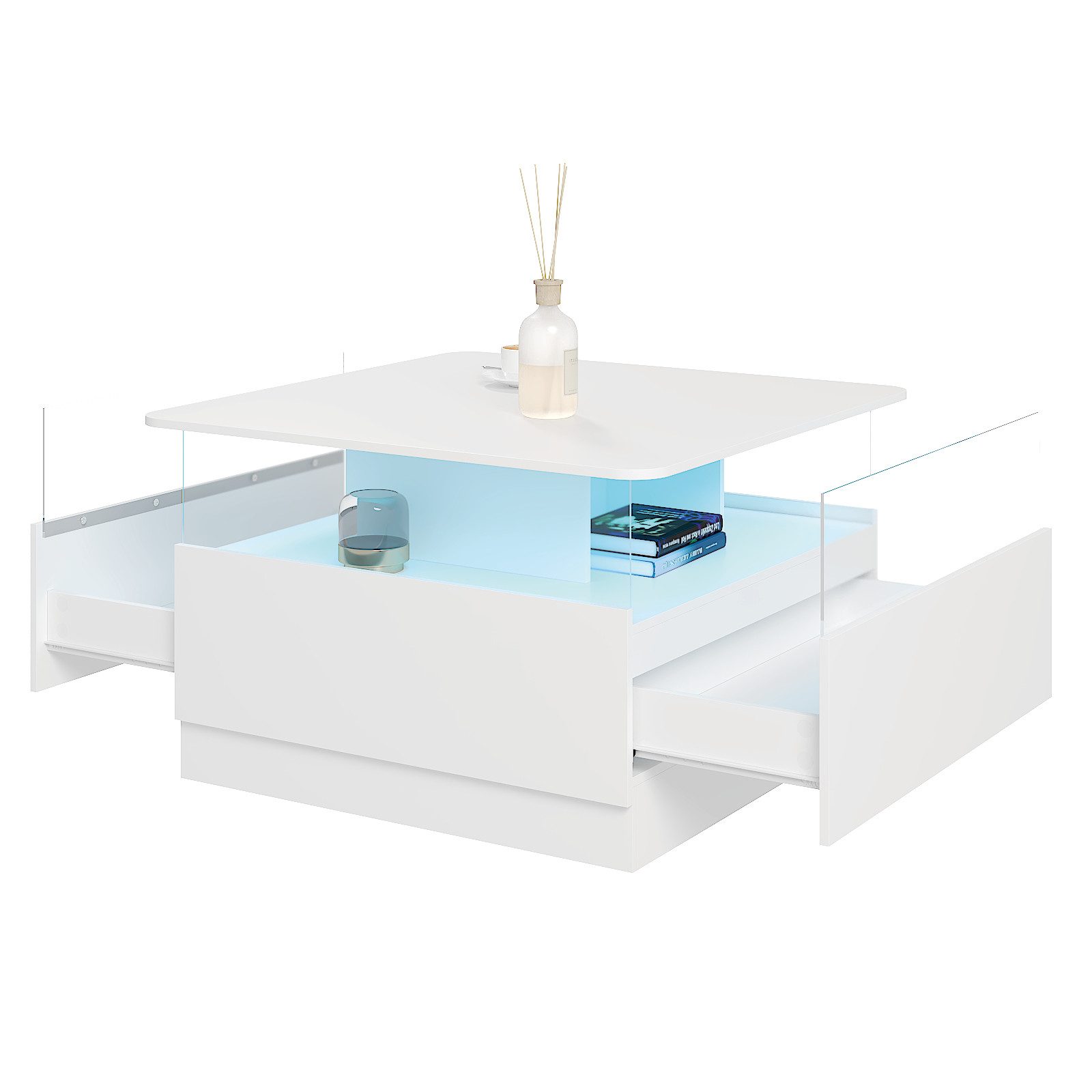 radelldar Couchtisch quadratisch mit LED-Beleuchtung und 2 Acryltüren-Schubladen (1-St), Wohnzimmertisch Beistelltisch, 78x78x48cm