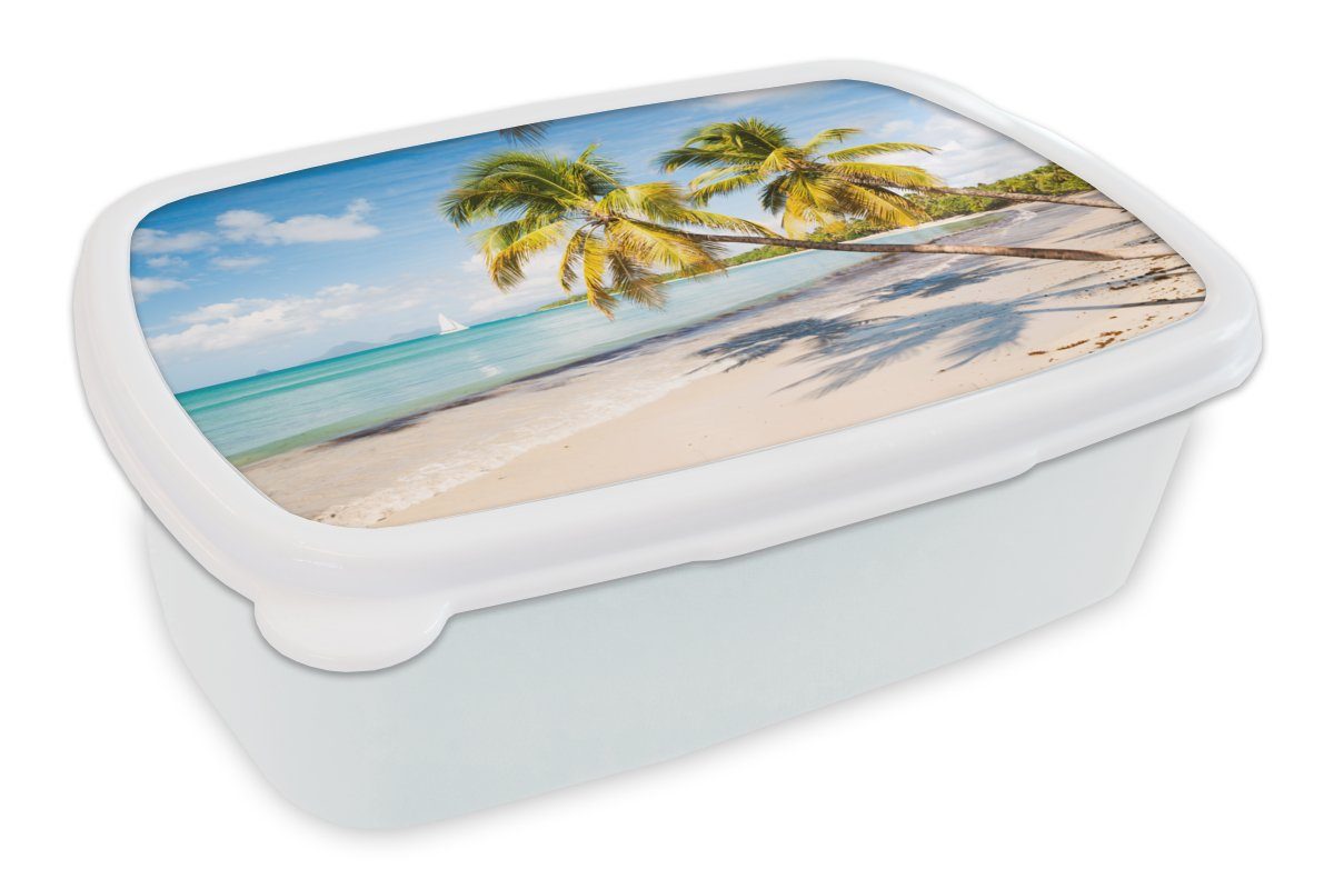 MuchoWow Lunchbox Strand - Palme - Schatten, Kunststoff, (2-tlg), Brotbox für Kinder und Erwachsene, Brotdose, für Jungs und Mädchen weiß