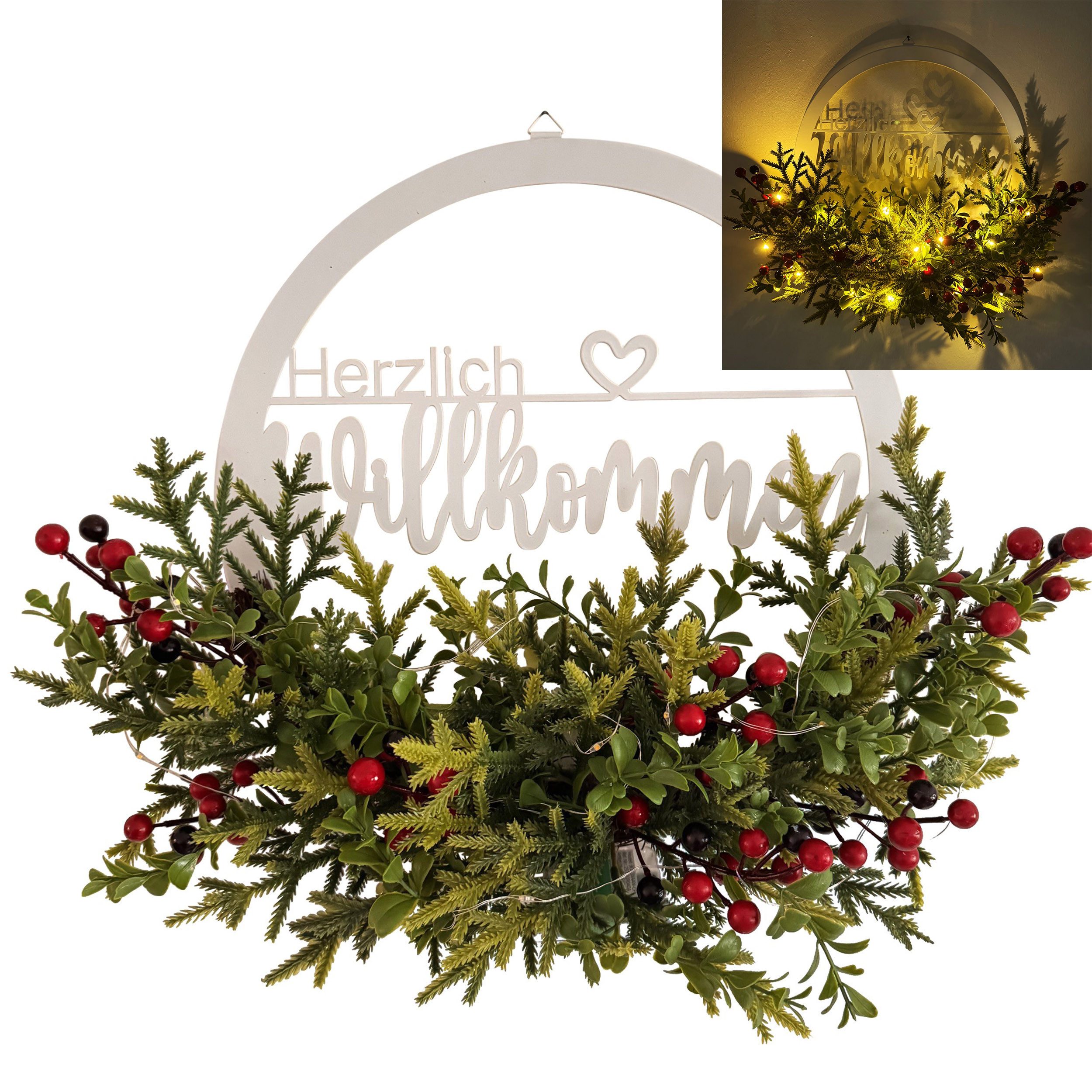 Online-Fuchs Dekokranz - Türkranz mit Tannenzweigen, LED-Lichterkette & Timer - Herbstdeko, mit Schriftzug "Herzlich Willkommen"