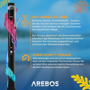 Arebos Solardusche 40 L Premium schwarz mit Bodenplatte, Stahlfuß, Mobile Handbrause (Bodenplatte Holzoptik, Set)