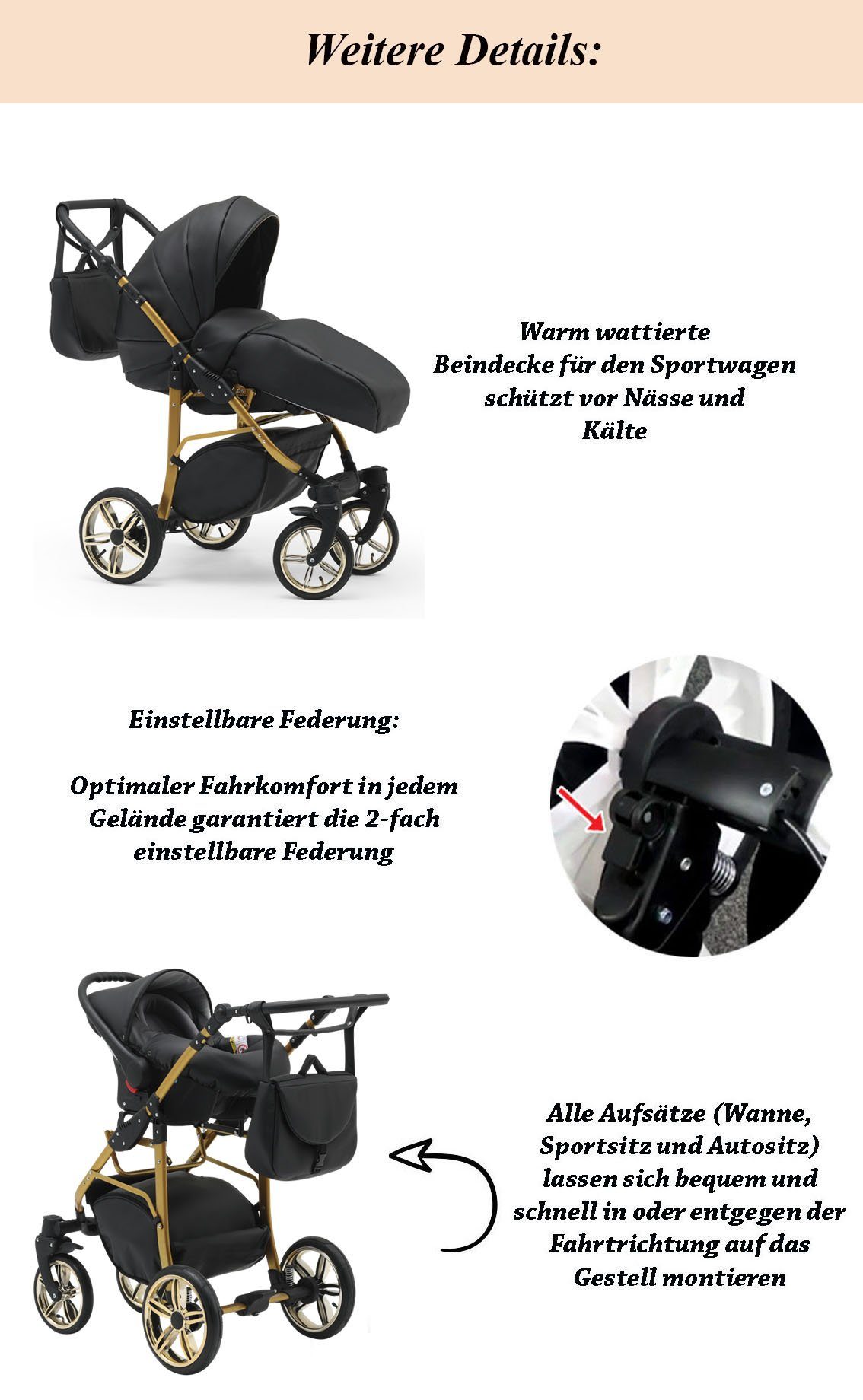 - in Schwarz-Weiß Gold Kombi-Kinderwagen 16 Farben in 46 - Teile ECO Kinderwagen-Set 1 Cosmo 3 babies-on-wheels