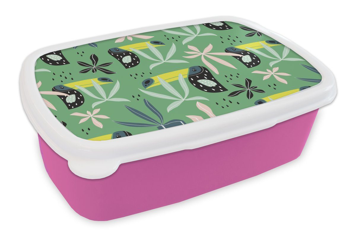 MuchoWow Lunchbox Tukan - Blätter - Dschungel, Kunststoff, (2-tlg), Brotbox für Erwachsene, Brotdose Kinder, Snackbox, Mädchen, Kunststoff rosa