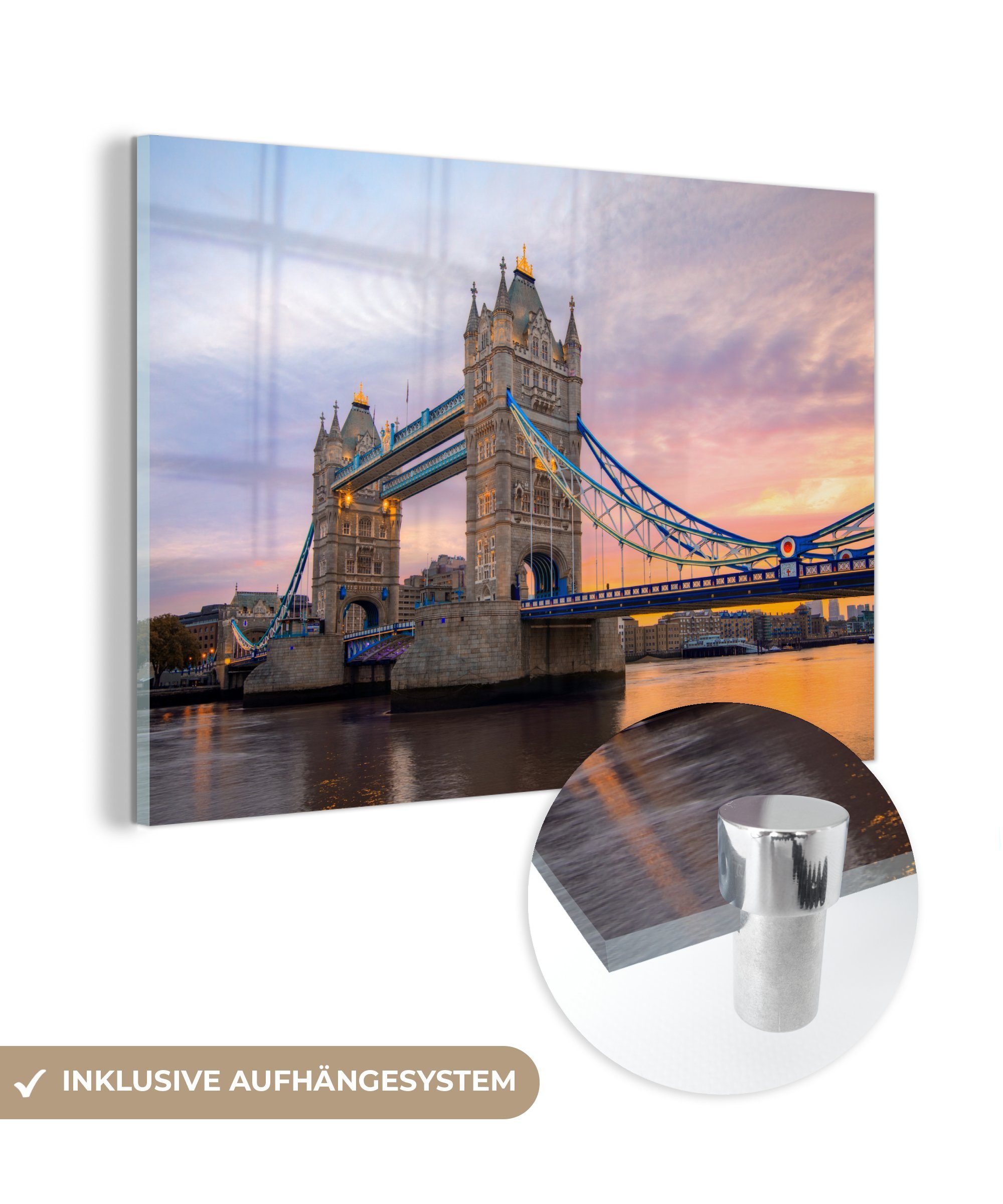 MuchoWow Acrylglasbild Sonnenaufgang in England, Wohnzimmer Acrylglasbilder (1 an der St), Tower Bridge Schlafzimmer &