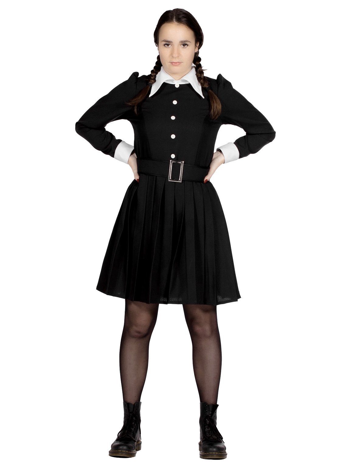 Metamorph Hexen-Kostüm Wednesday - Schulmädchen Halloween Kostüm Damen, Schwarzes Hexenkleid mit Faltenrock für Teenager und Erwachsene
