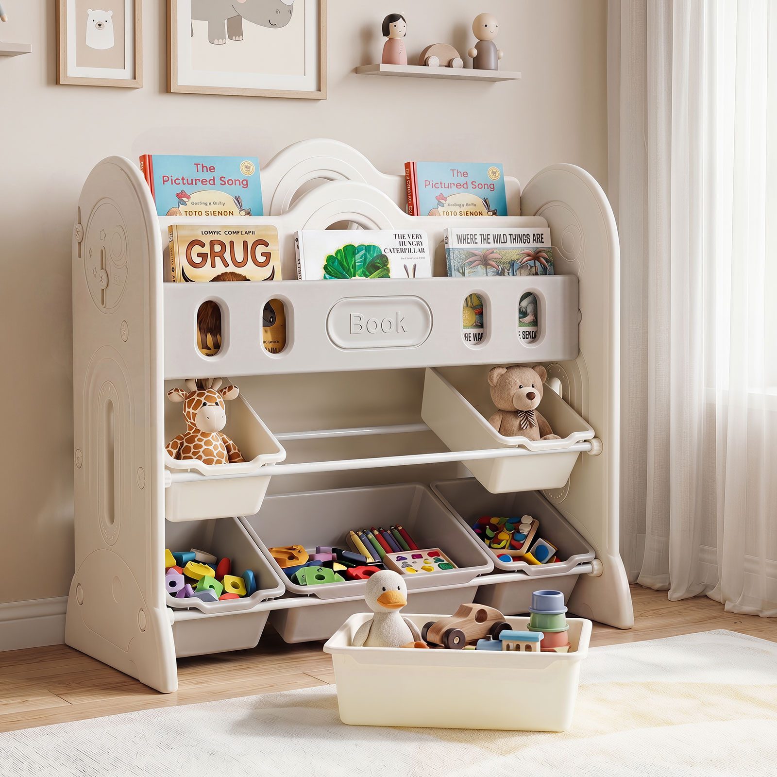 COSTWAY Kinderregal, Mit 6 herausnehmbaren Behältern, Weltraum-Design