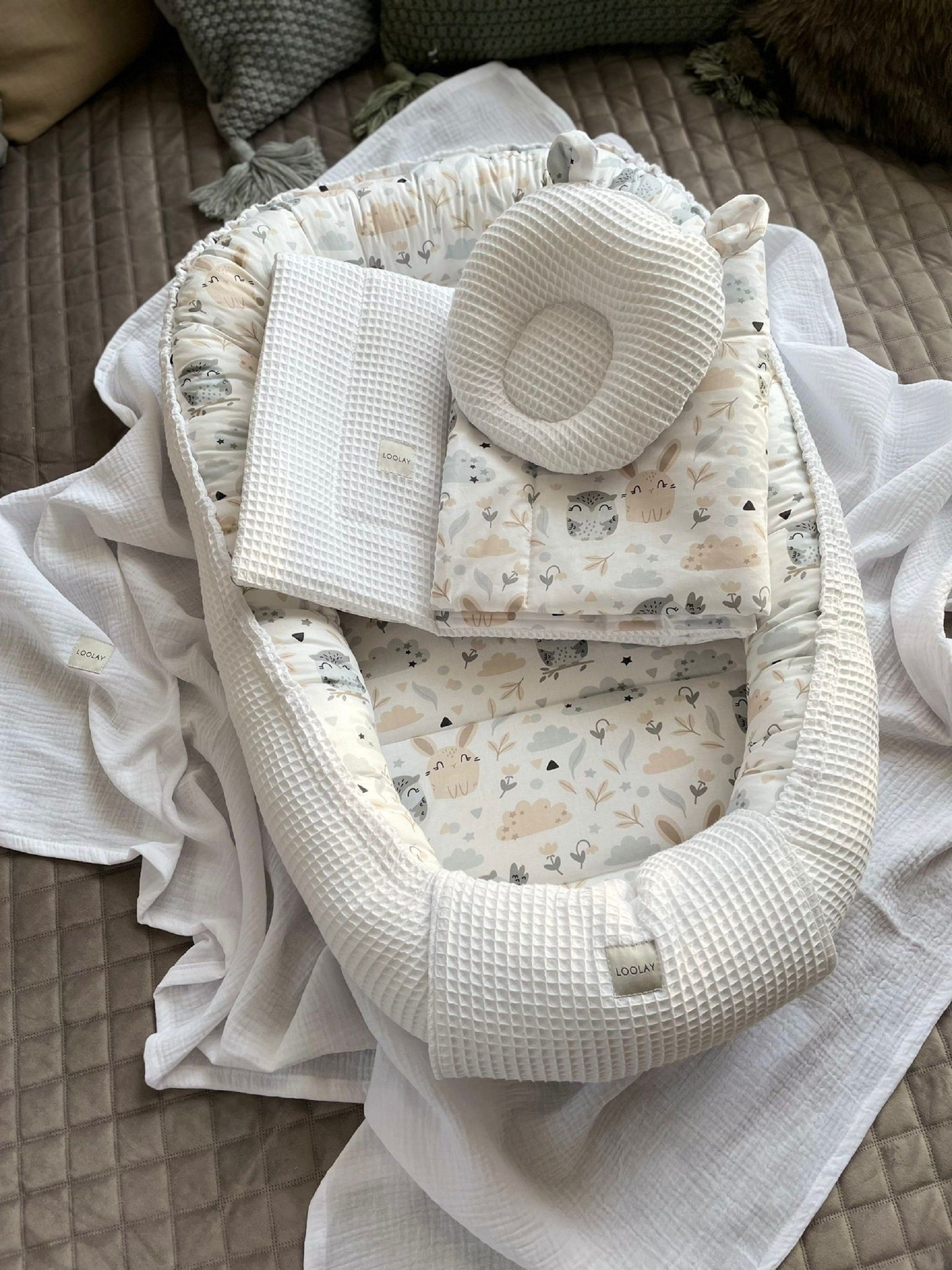Loolay Bettnestchen Weiß WAFFELPIQUE/ HASE Beige Babynest Babyaustattung Ne günstig online kaufen