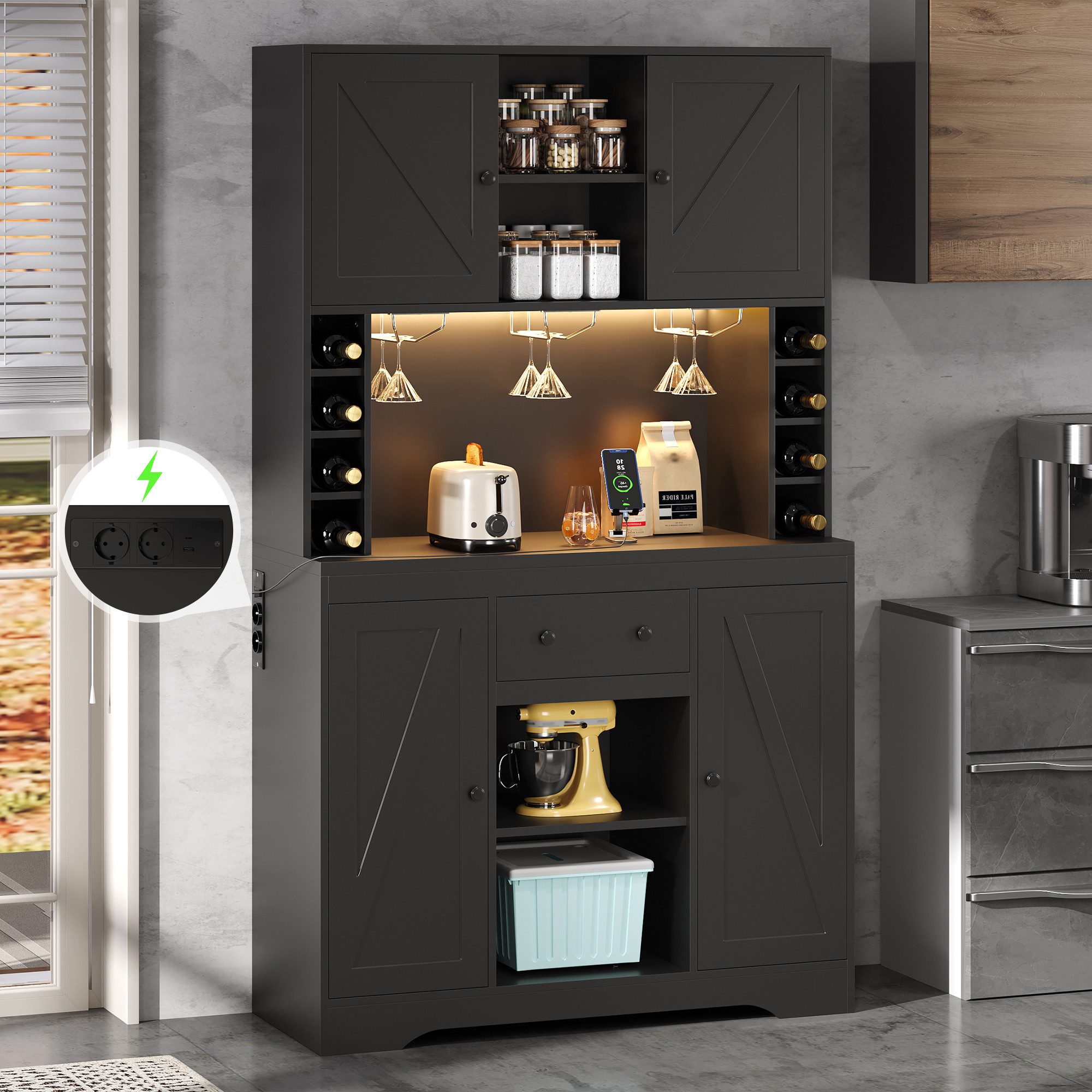 Flieks Küchenbuffet mit Steckdosen, LED-Beleuchtung, Weinregal und Gläserhalter (1-St., B105/T39/H180 cm) Hochschrank Küchenschrank mit verstellbaren Einlegeböden Schwarz