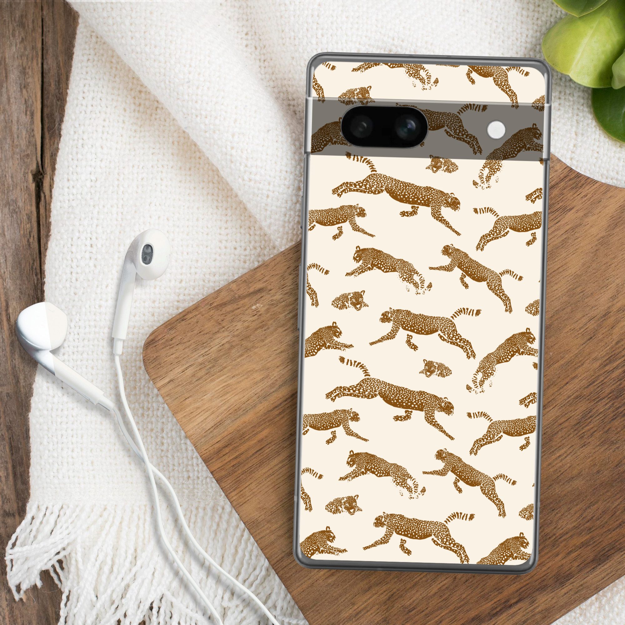 MuchoWow Handyhülle für Google Pixel 7a Panther - Tiere - Beige - Braun - Muster, Handy Case, Silikon, Bumper Case Dünn
