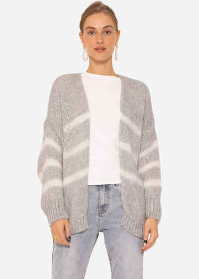 SASSYCLASSY Cardigan Oversize Strickjacke Damen aus weichem Grobstrick Lässiger Strick Cardigan mit Streifen, Made in Italy