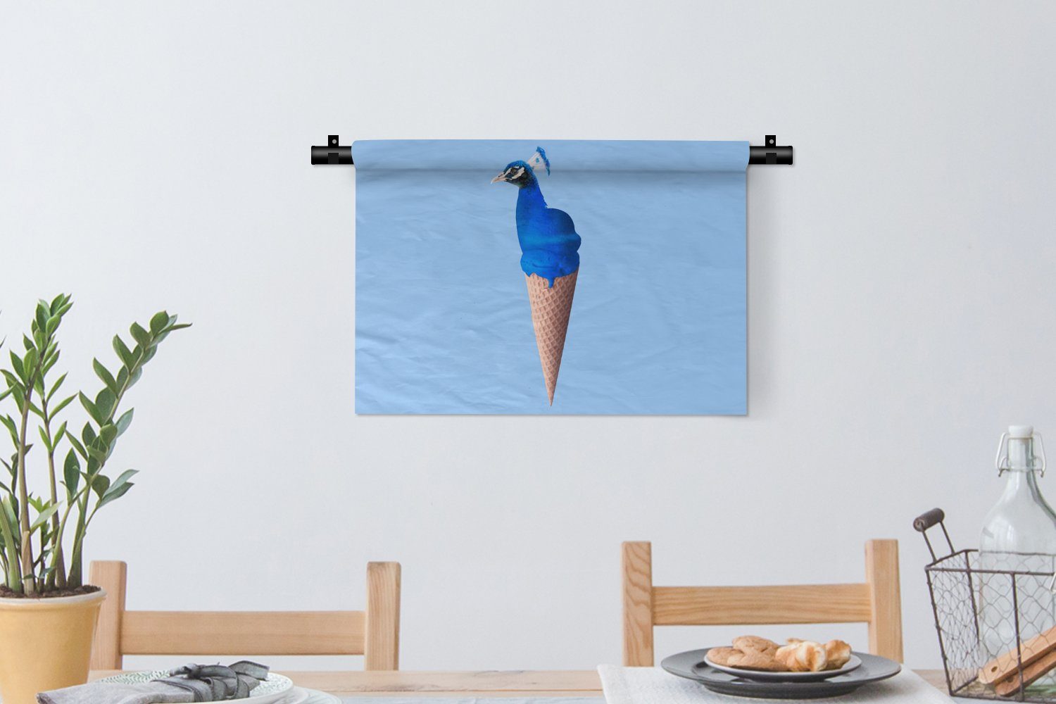 Wohnzimmer, Eiscreme - Kinderzimmer Wanddeko Blau Eistüte Vogel, Schlafzimmer, Kleid, - für MuchoWow - Wandbehang, - Wanddekoobjekt Pfau