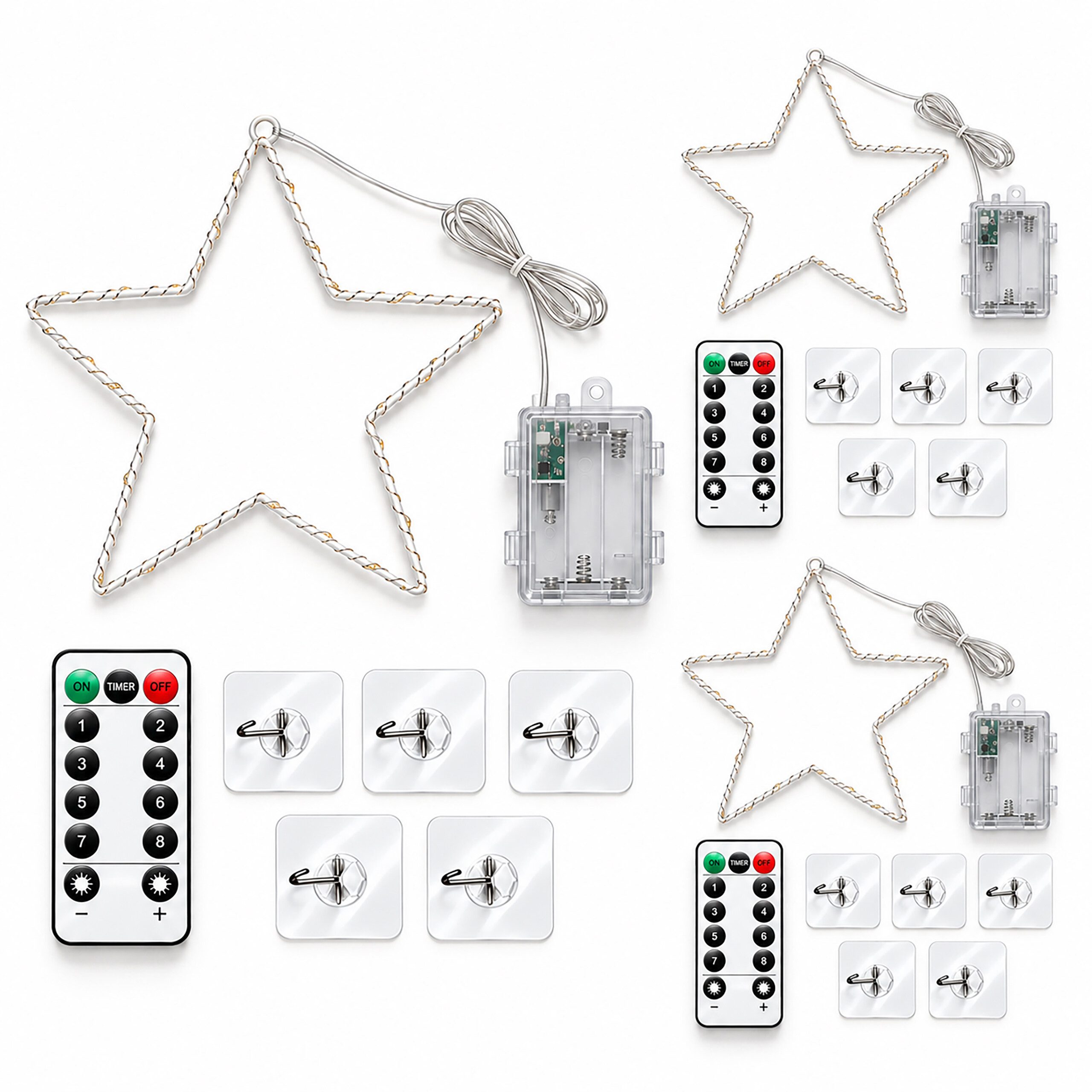 relaxdays LED Stern LED Weihnachtsstern Set mit Klebehaken, 8 Beleuchtungsmodi, Timer-Funktion (6 h an/18 h aus) und Fernbedienung, LED, Warmweiß, 3 Sterne