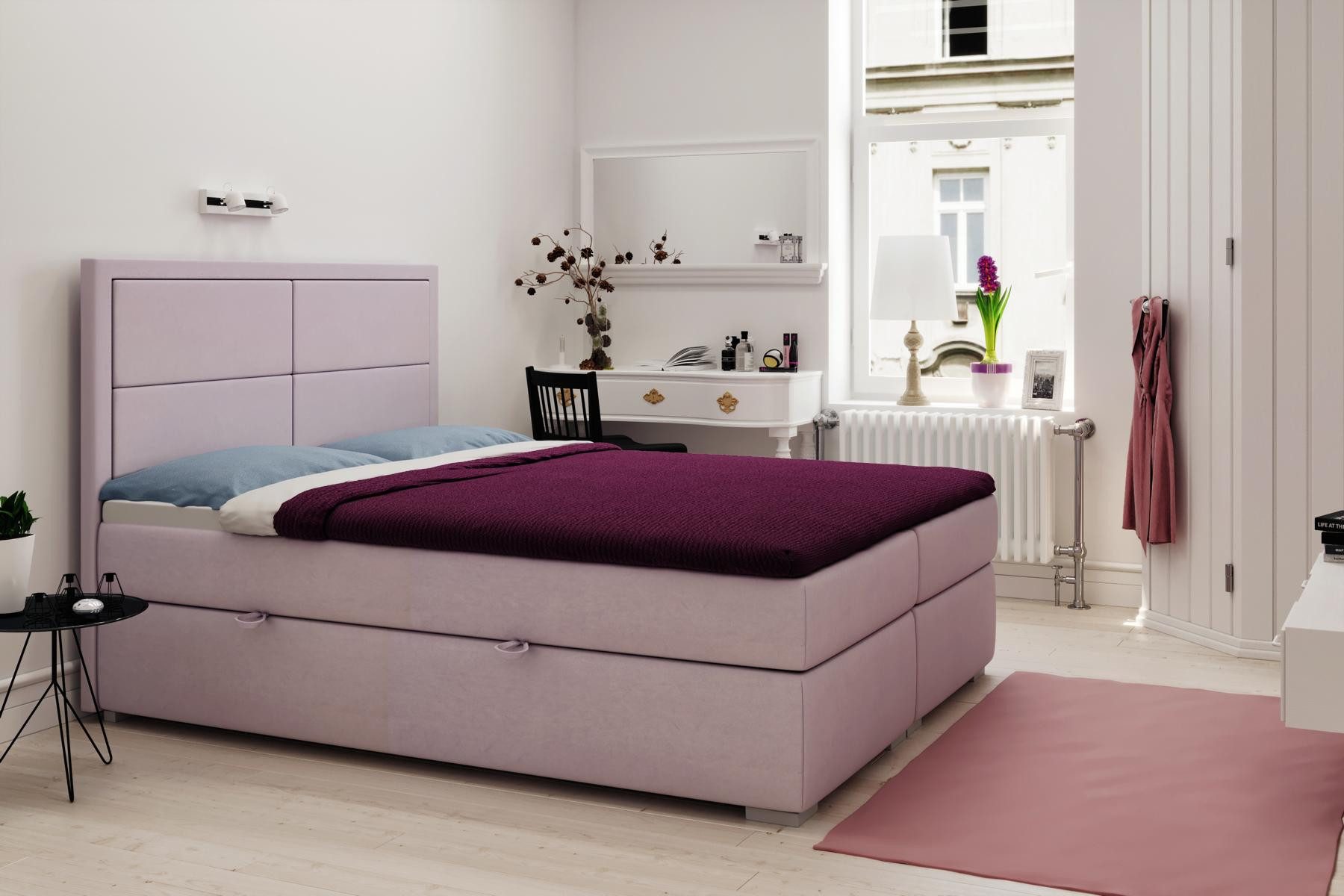 JVmoebel Boxspringbett Luxuriöses Doppelbett in Rosé mit Stauraum und Edelstahlfüßen (1-St)