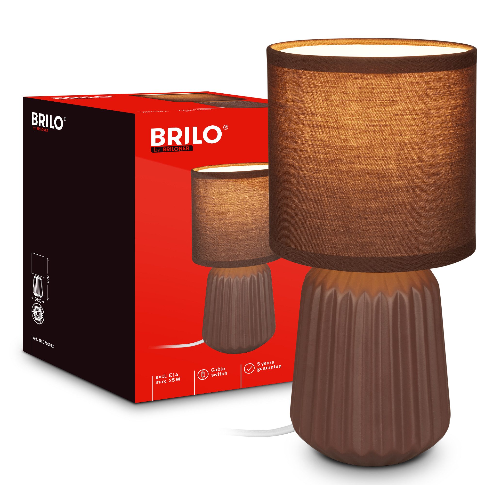 Briloner Leuchten LED Tischleuchte Tischlampe Keramik E14 Stoffschirm Kabelschalter Kommodenlampe, ohne Leuchtmittel, Abhängig vom Leuchtmittel, 13x27 cm, Schlafzimmer, Wohnzimmer, Flur