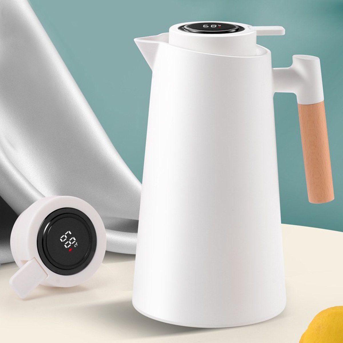 LIANNA Isolierkanne 1L Thermoskanne mit Temperaturanzeige, Holzgriff, lange warm, 1 l, (Set, 1-St., 1× Thermoskanne 1L, mit Deckel, sofort nutzbar), 1L, Anzeige, lange Isolierung, Holzgriff, auslaufsicher