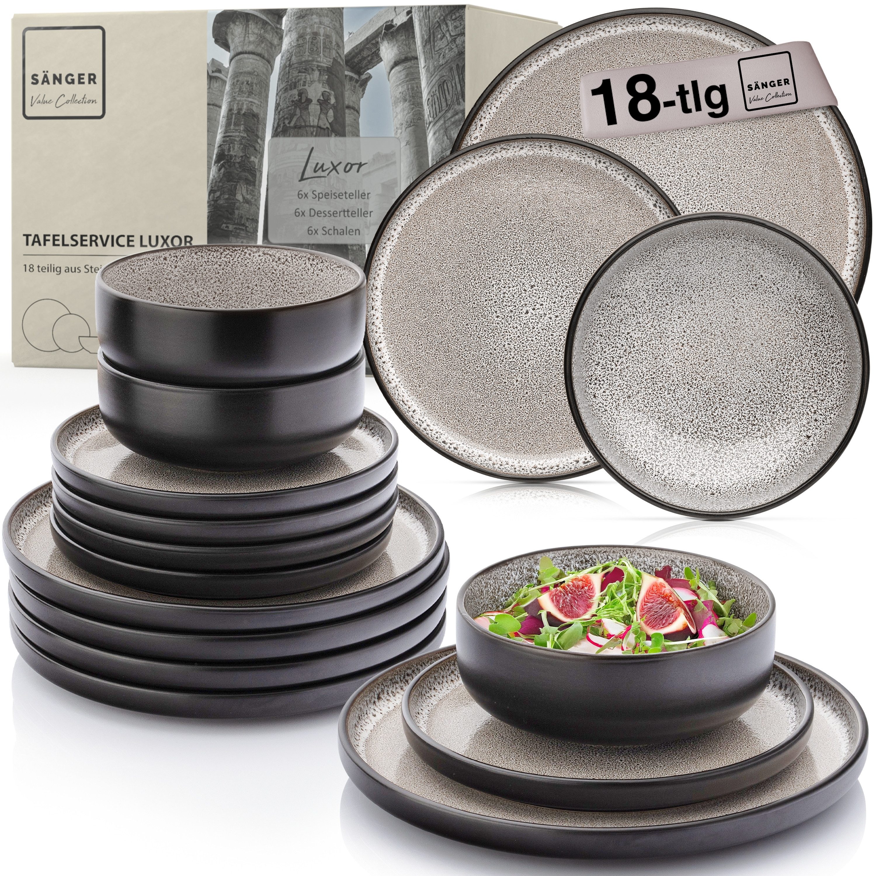 SÄNGER Tafelservice Luxor Geschirrset (18-tlg), 6 Personen, Steingut, Braun-Beige, Handmade, Erweiterbar, VALUE COLLECTION