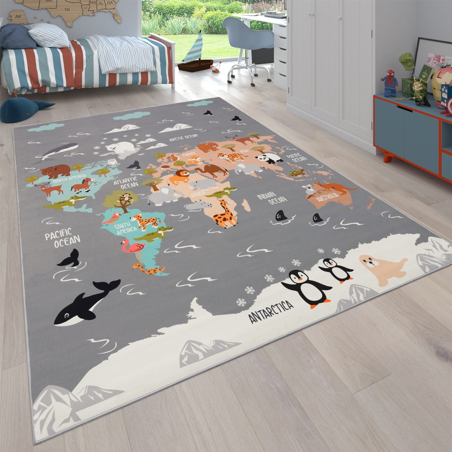 KADIMA DESIGN Kinderteppich waschmaschinenwaschbar Tier‑Weltkarten‑Muster Kinderteppich, Rechteckig, Höhe: 4 mm, 100% Polyester, Rücken aus Felt + Dots, Rechteckig, 100x200cm, Grau