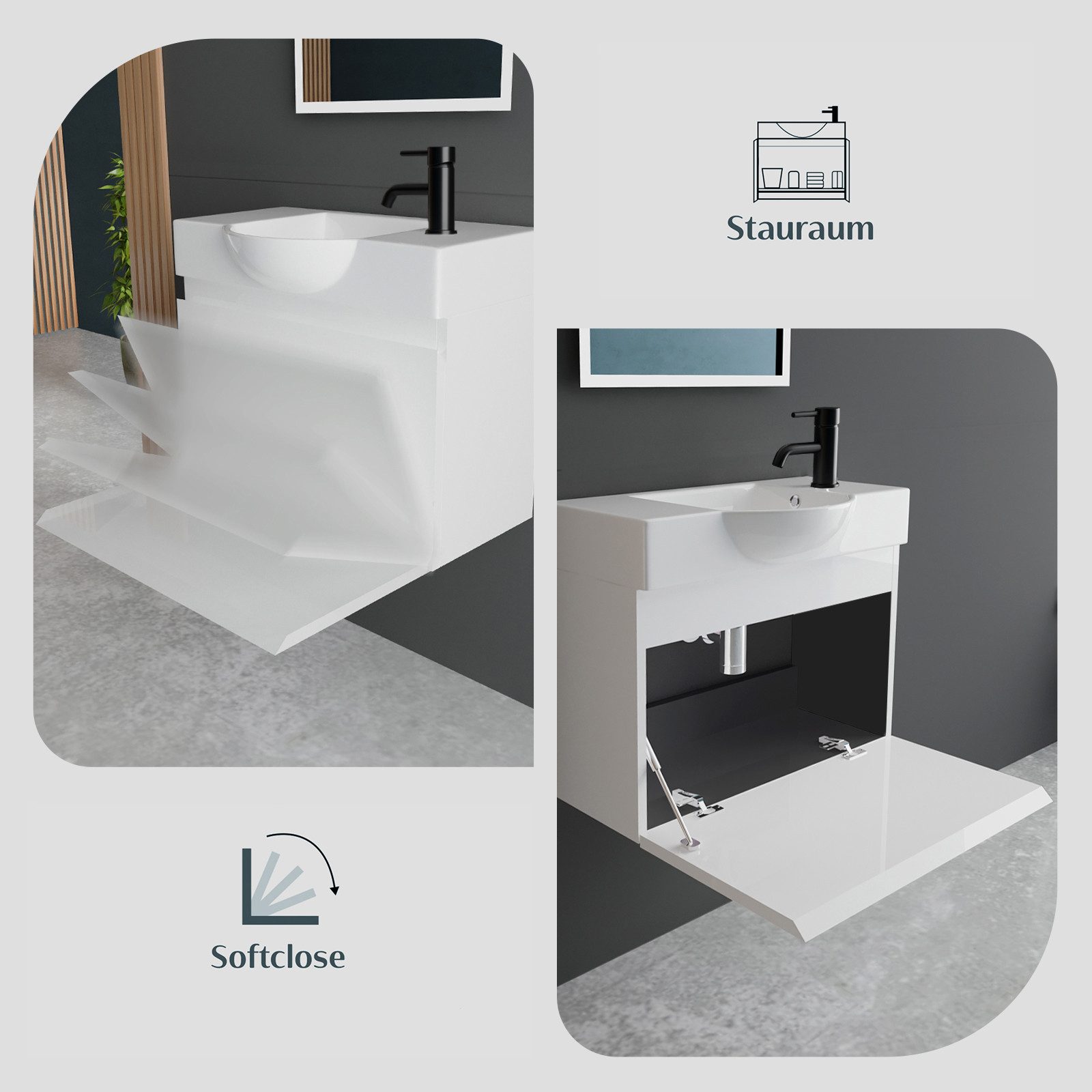 Alpenberger Waschtisch Gäste WC Waschbecken mit Unterschrank Klein, Waschplatz 55 cm hängend (Gäste WC Möbel Vormontiert, Waschtisch mit Unterschrank mit Softcl – Bild 4 von 5
