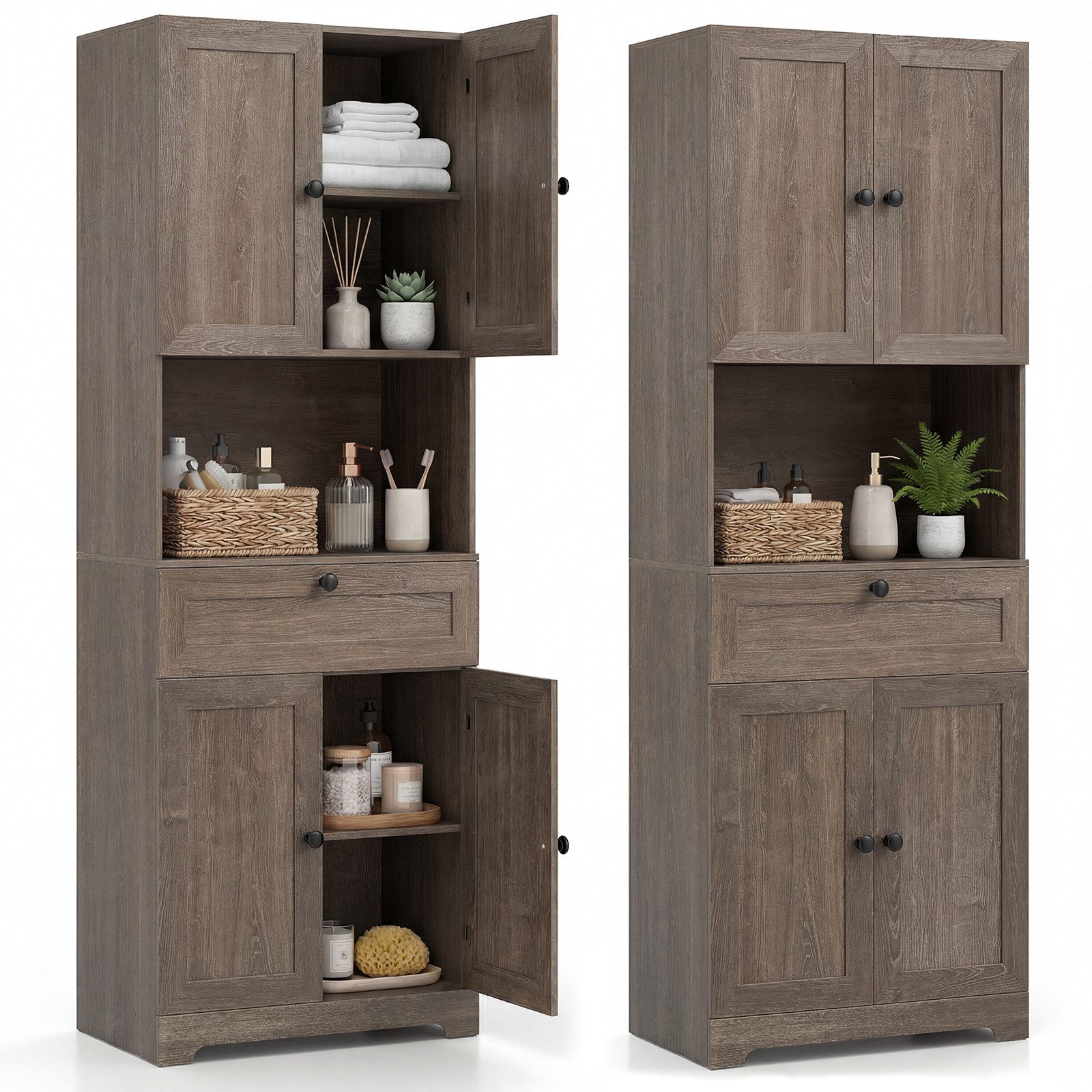COSTWAY Badkommode, Hochschrank Bad mit 4 Türen Küchenschrank 171,5 cm