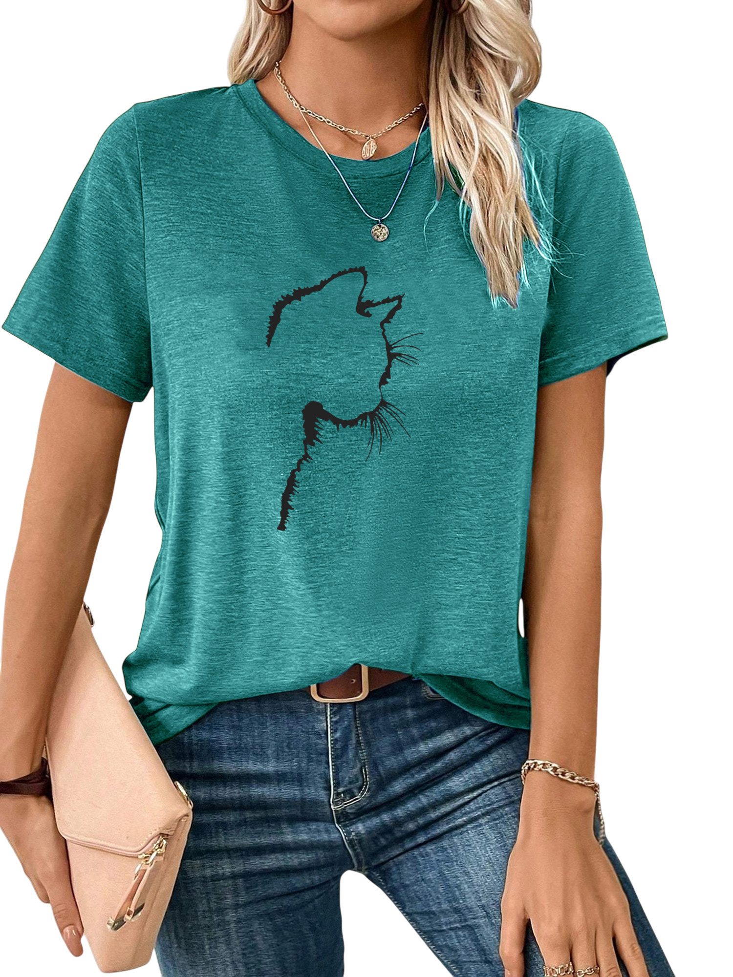 PYLIKE Rundhalsshirt Shirts Damen Casual Katze Ausgefallene bequemes t shirt Bequem für Freizeit und Büro,Strandurlaub