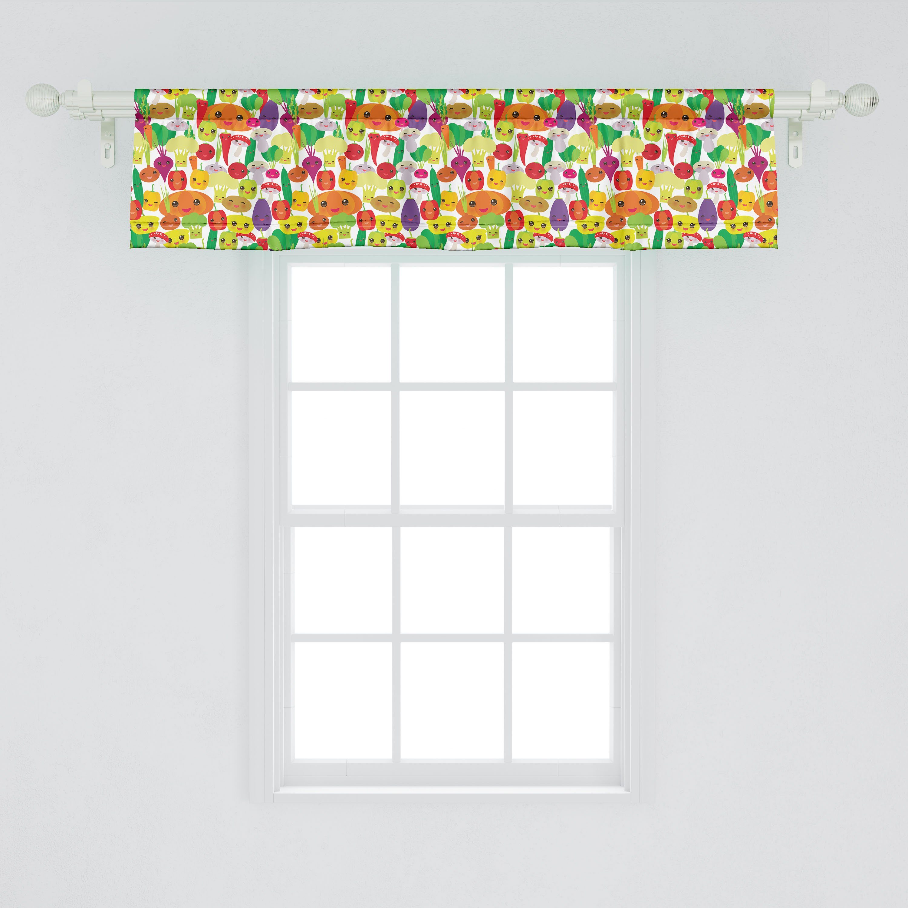 Scheibengardine Vorhang Volant Schlafzimmer Abakuhaus, für Kawaii Lächeln mit Foods Küche Gemüse Stangentasche, Microfaser, Dekor